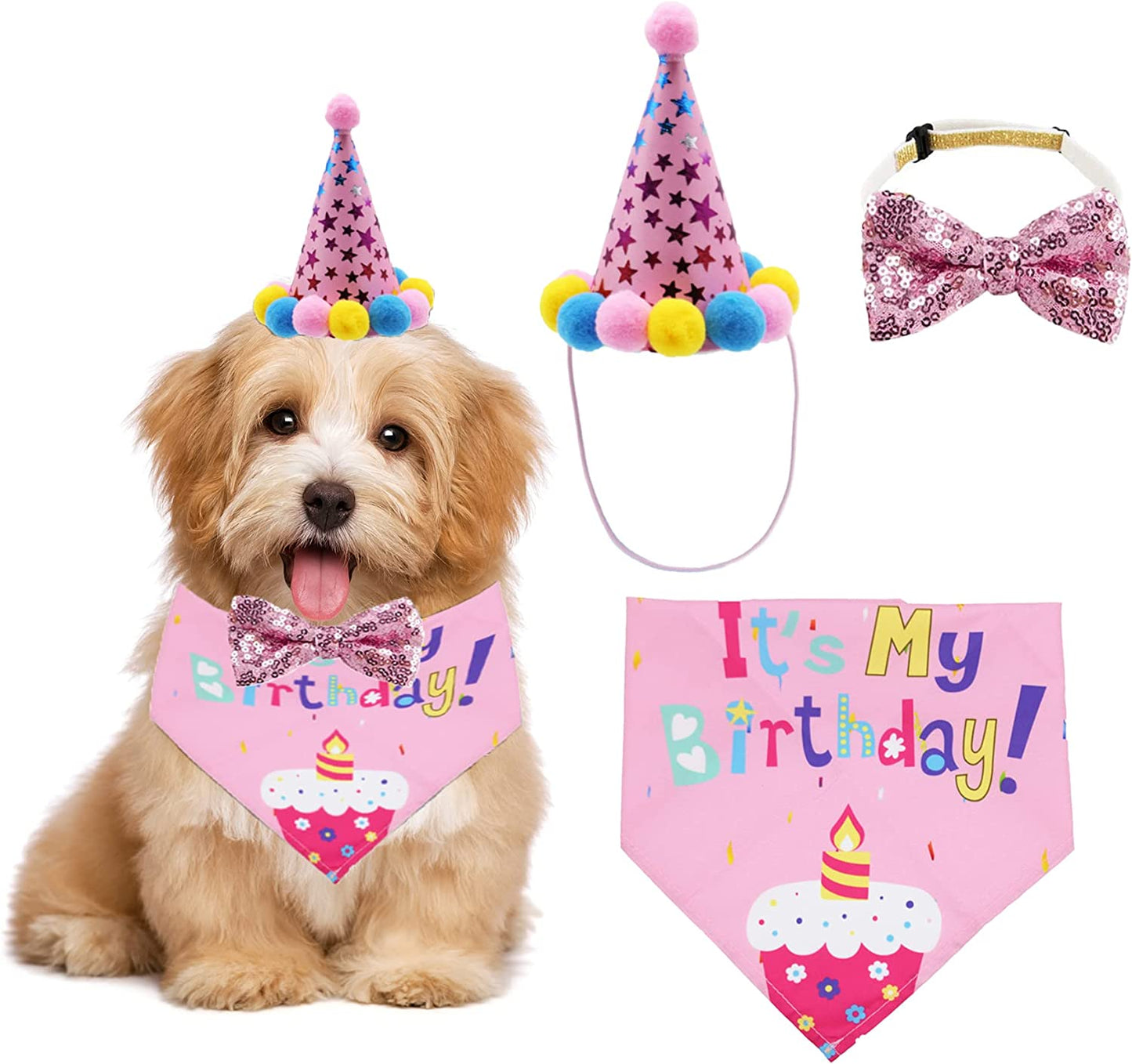 ADOGGYGO Dog Birthday Bandana Scarf and Dog Girl Boy Birthday Party Hat with Cute Dog Bow Tie for Small Medium Large Dog Pet (Large, Blue) Animals & Pet Supplies > Pet Supplies > Dog Supplies > Dog Apparel ADOGGYGO Pink Small 