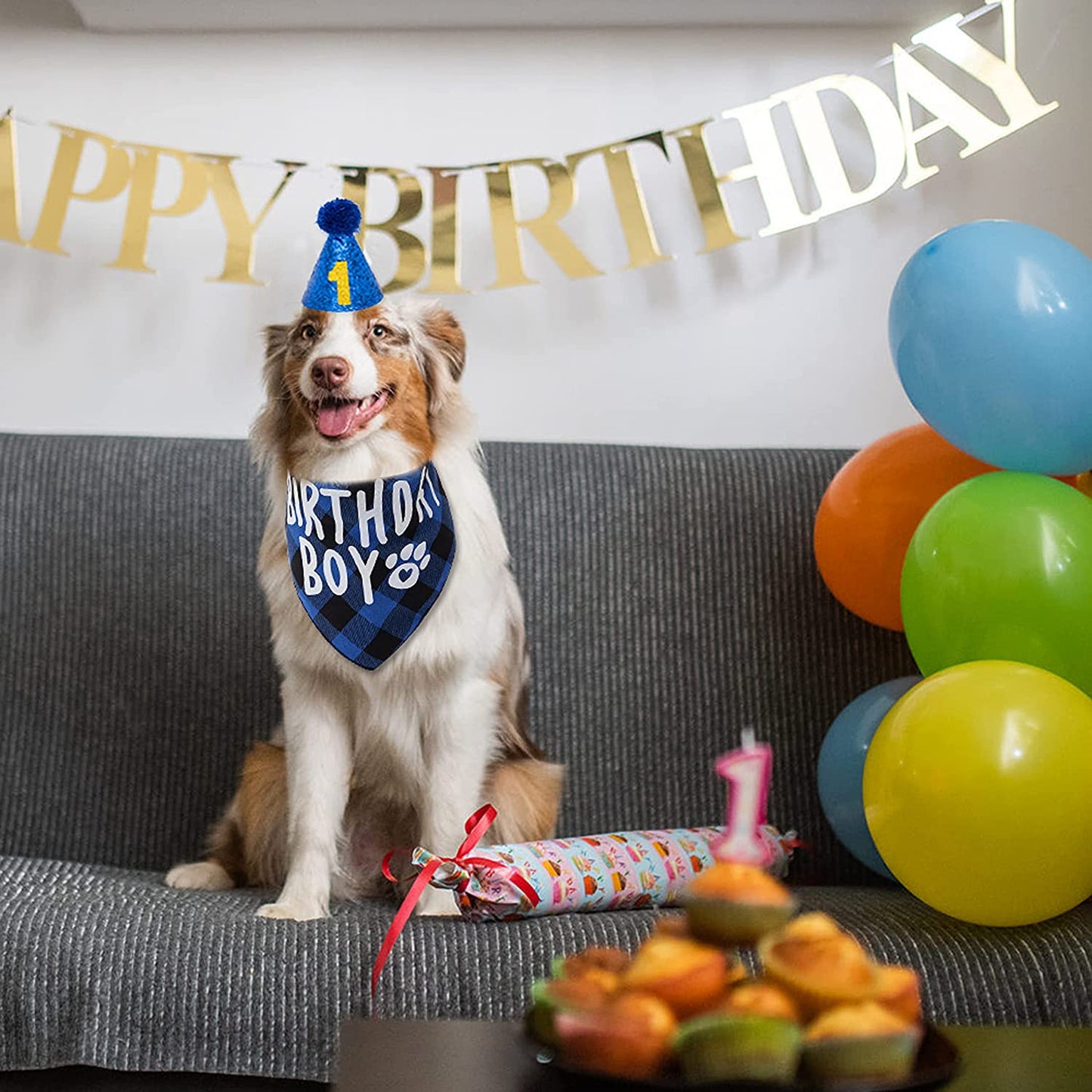 FLYSTAR Dog Birthday Bandana with Hat and Number - Plaid Cute Doggy Bandana for Small Medium Large Dogs Boy- Blue Triangle Scarf Bibis Party Dog Outfits Animals & Pet Supplies > Pet Supplies > Dog Supplies > Dog Apparel FLYSTAR   