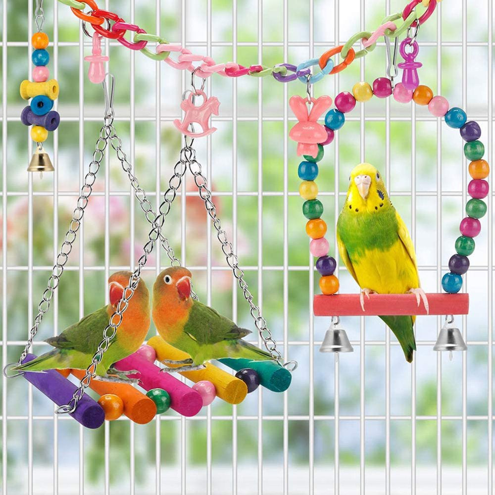 Bird Toys 14 Pieces Set Including Swing Ladder Perch Bell Ball Mirror Chew Toys