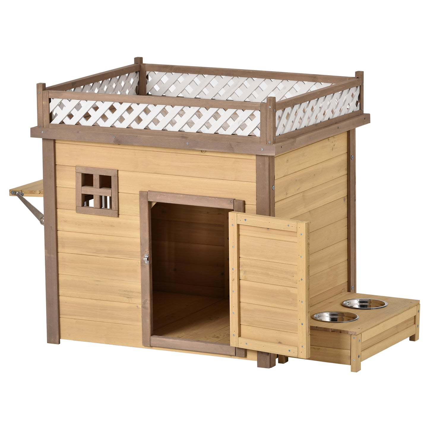 CHURANTY 31.5” Wooden Puppy Pet Dog House Wood Room Puppy Shelter Kennel Outdoor & Indoor Dog Crate, with Flower Stand, Plant Stand, with Wood Feeder