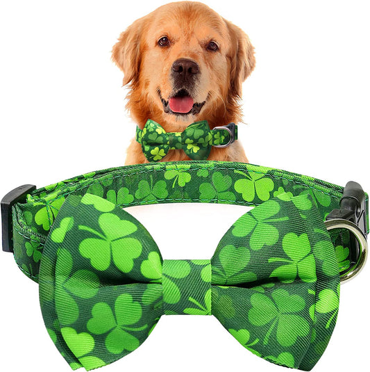 St. Patrick'S Dog Bow Tie Collar, Epesiri Green Dog Collar Bow Tie with Cotton, Adjustable Four Leaf Clovers Dog Neck Bowtie, St Patrick'S Day Holiday Soft Collar for Dogs Cat Small Medium Large Gift Animals & Pet Supplies > Pet Supplies > Dog Supplies > Dog Apparel Epesiri Medium 11"-19"(28-48cm)  