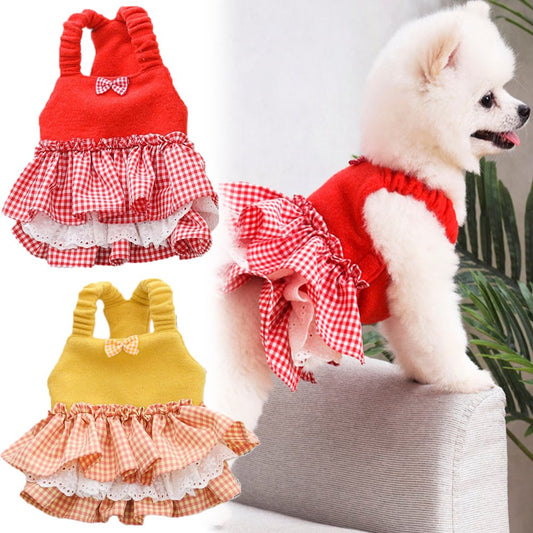 Meidiya Puppy Dog Plaid Dress,Spring Pet Tutu Skirt Puppy Clothes Girl Dog Princess Dress Outfits Dog Lace Vest Apparel for Small Dogs Cats