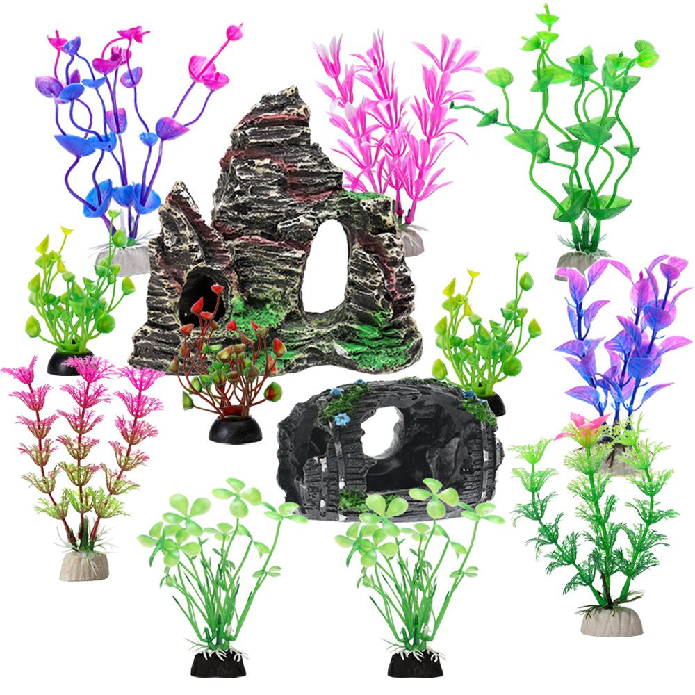 Greenjoy Fish Tank Accessories Aquarium Decorations Rock Plants - 13 Packs Fish Tank Decor Set, Rocks, Plastic Plants Material, Resin Broken Barrel, Fish Cave and Hideout Ornaments Small Animals & Pet Supplies > Pet Supplies > Fish Supplies > Aquarium Decor GreenJoy Pet Supplies   