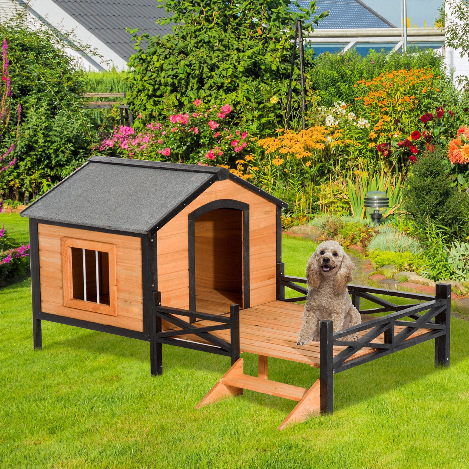 Pawhut 67" Large Wooden Cabin Style Elevated Outdoor Dog House with Porch Animals & Pet Supplies > Pet Supplies > Dog Supplies > Dog Houses Aosom LLC   