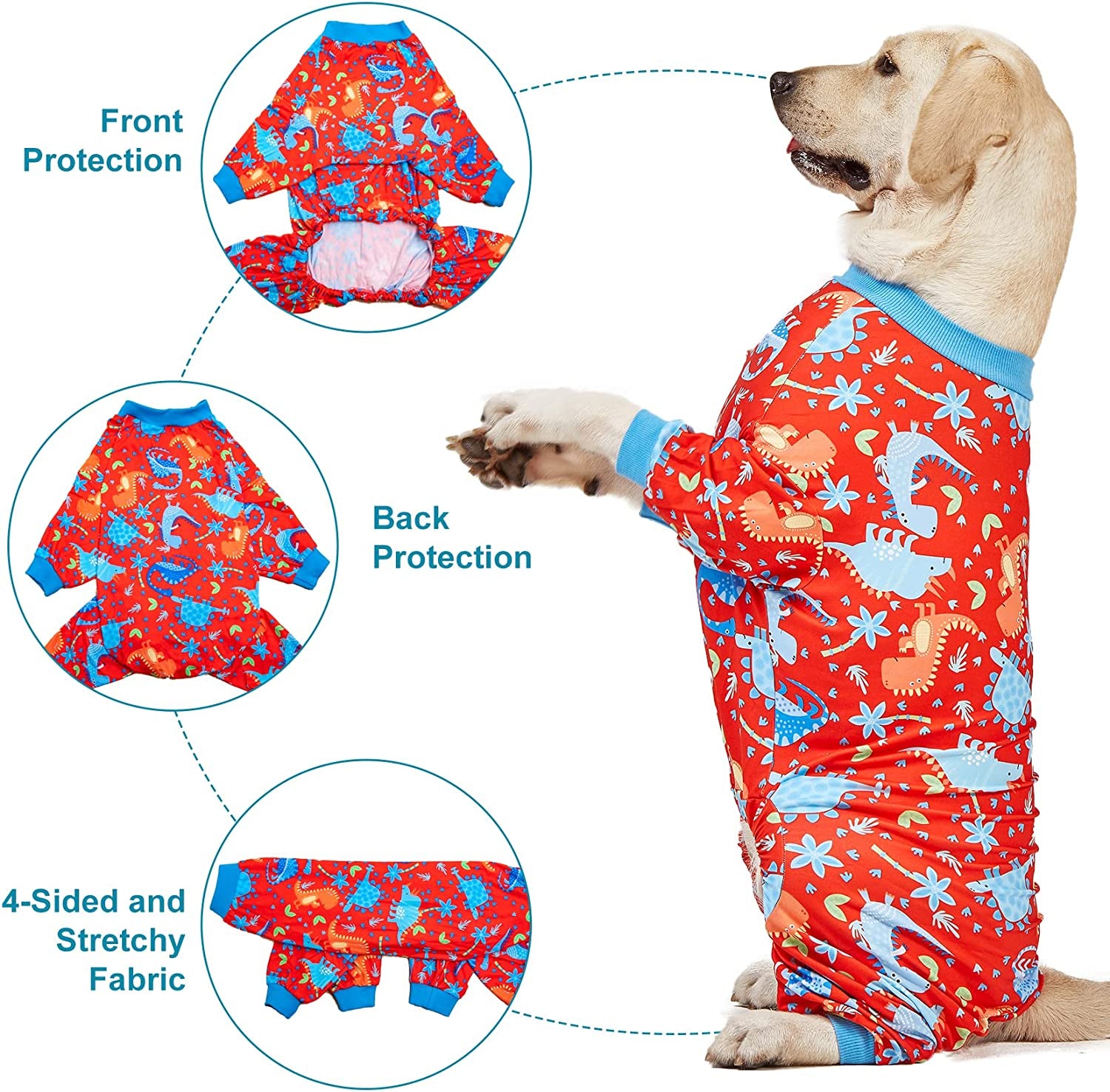 Lovinpet Pitbull Dog Pajamas, Large Dog Onesies for Surgery/Wound Care, Lightweight Stretchy Knit Fabric, Dinosaur Jungle Red Print Dog Pj'S UV Protection, Pet Anxiety Relief, Dog Costume/Xl