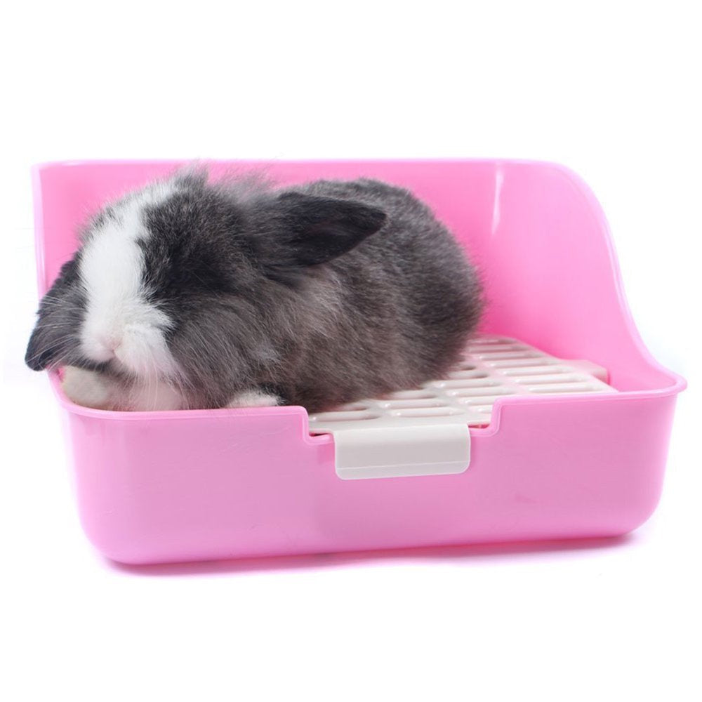 Walbest Small Animal Rabbit Litter Toilet, Plastic Square Cage Box Rat Potty Trainer Corner Grate Litter Bedding Box Pet Pan for Guinea Pigs, Chinchilla, Ferret, Galesaur, Bunny (Pink)