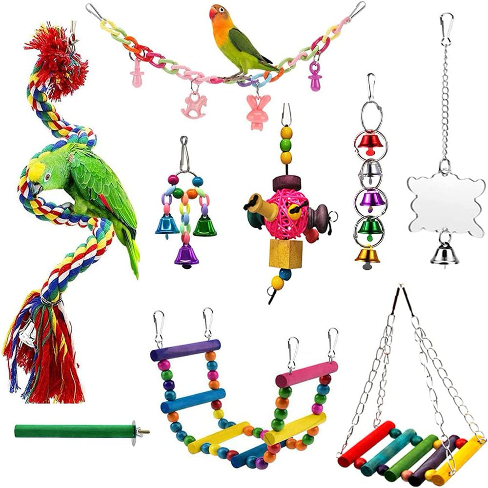 Bird Parrot Swing Chewing Toys,9 Pack Bird Cage Toys- Hanging Swing Ropes Hammock Swing Toy Parrot Ladders Swing Hanging Bell Bird Stand Perch Bird Mirror for Small Bird