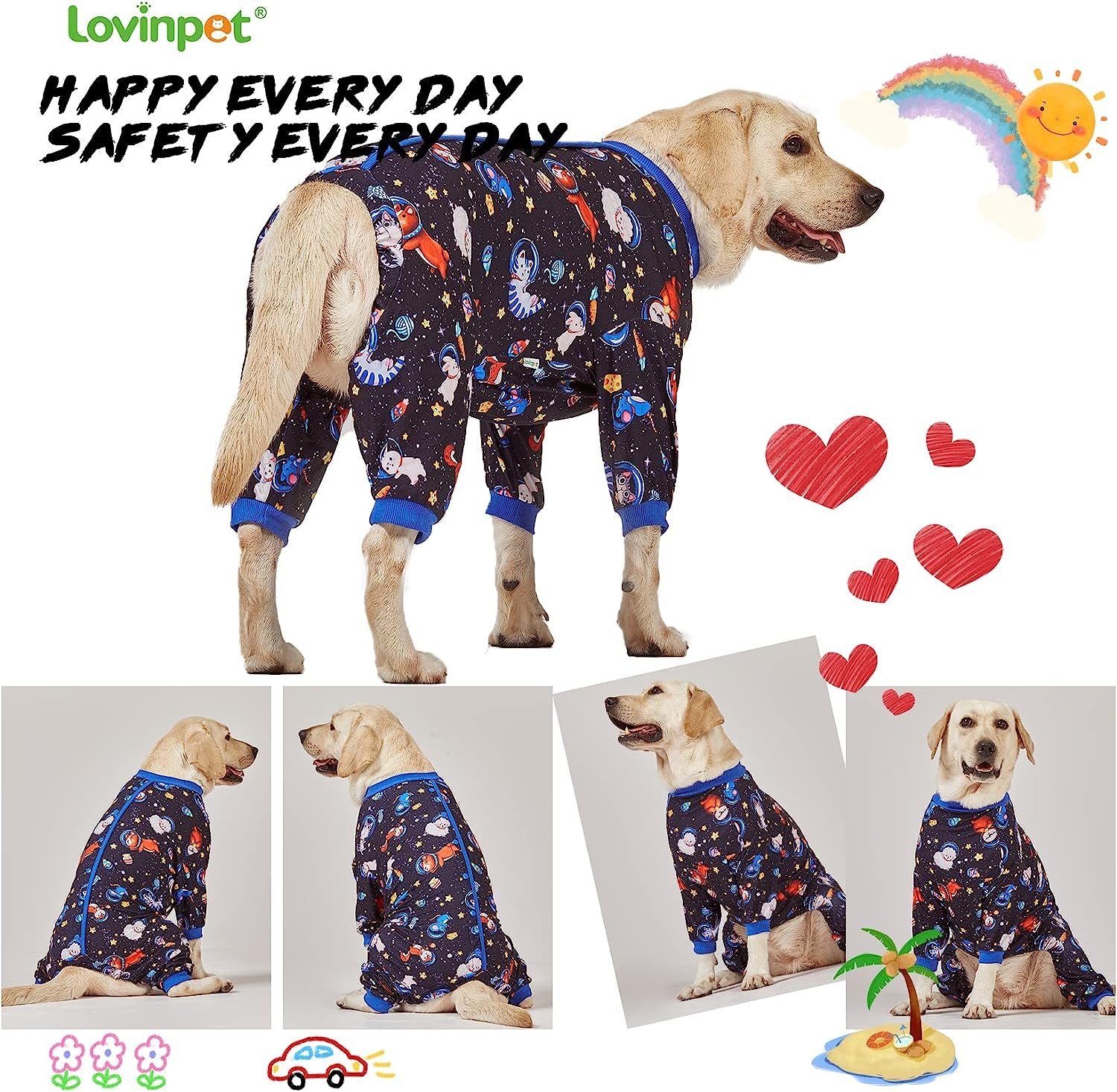 Lovinpet Large Big Dog Pajamas - Anxiety Calming Dog Onesie, Undershirt for Dog Coats, Lightweight Stretchy 4 Legged Style Large Dog Jammies, Space Animals Black Print Pet Pjs,Black XL