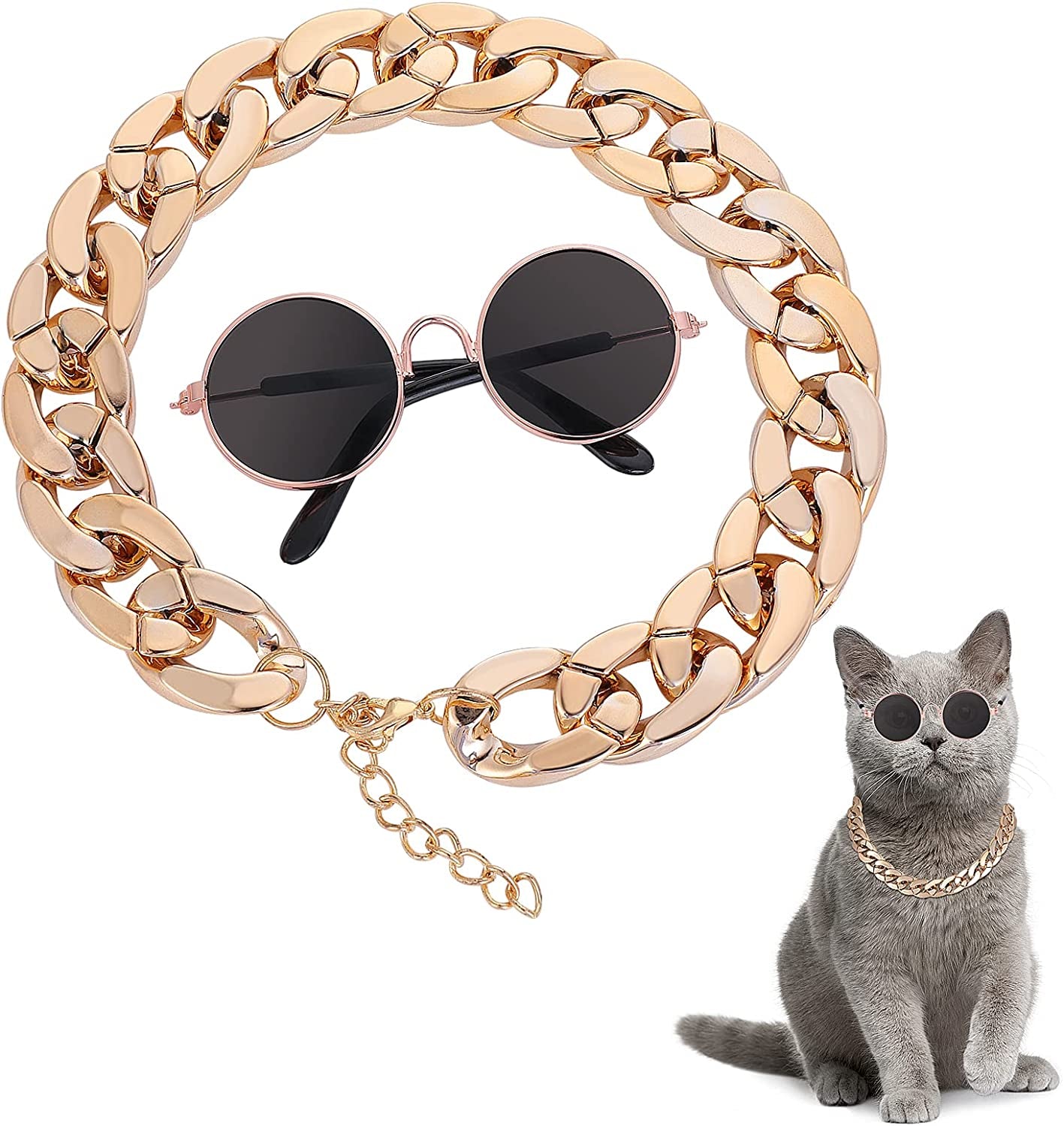 Molain Cat Sunglasses Gold Chain Costume Decorations- Cat UV Protection Classic Retro Puppy Retro Black Sunglasses Faux Rose Gold Adjustable Chain Cosplay Costume Cool Funny Photo Props Animals & Pet Supplies > Pet Supplies > Dog Supplies > Dog Apparel Molain 1 Black Sunglasses+1 Rose Gold Chain  