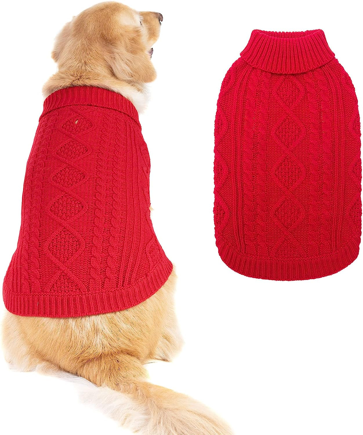 BINGPET Dog Knitted Sweaters - Turtleneck - Classic Cable Knit Dog Jumper Coat Warm Sweartershirts Outfits for Dogs Cats in Autumn Winter Animals & Pet Supplies > Pet Supplies > Dog Supplies > Dog Apparel BINGPET Red Medium 