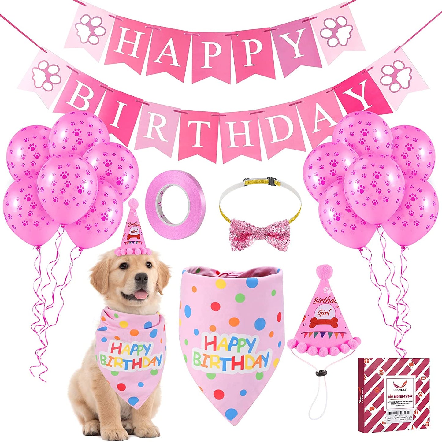 LIGNEST 16 PCS Dog Birthday Party Supplies Set - Dog Birthday Bandana Set with Dog Birthday Hat, Scarf, Flag, Balloons, and Cute Puppy Bow Tie for Small, Medium & Large Dogs (Blue (Boy)) Animals & Pet Supplies > Pet Supplies > Dog Supplies > Dog Apparel LIGNEST Pink (Girl)  