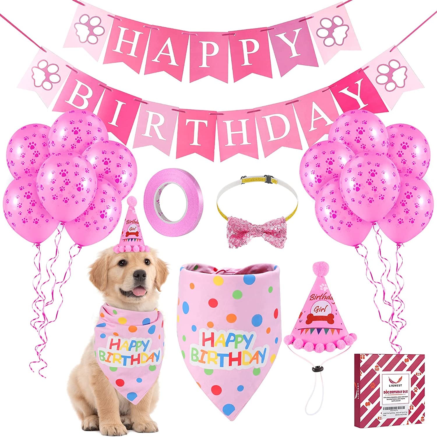 LIGNEST 16 PCS Dog Birthday Party Supplies Set - Dog Birthday Bandana Set with Dog Birthday Hat, Scarf, Flag, Balloons, and Cute Puppy Bow Tie for Small, Medium & Large Dogs (Blue (Boy)) Animals & Pet Supplies > Pet Supplies > Dog Supplies > Dog Apparel LIGNEST Pink (Girl)  