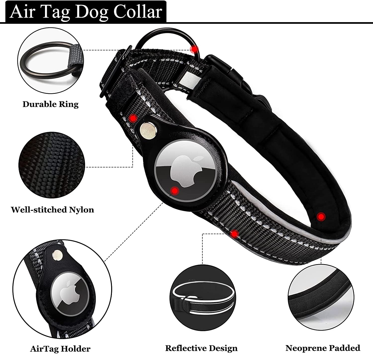 IVIENX Airtag Dog Collar, [Black - Size S] Reflective Apple Airtag Dog Collar, Thick Air Tag Dog Collar, Integrated Airtag Dog Collar Holder for Small Medium Large Dogs