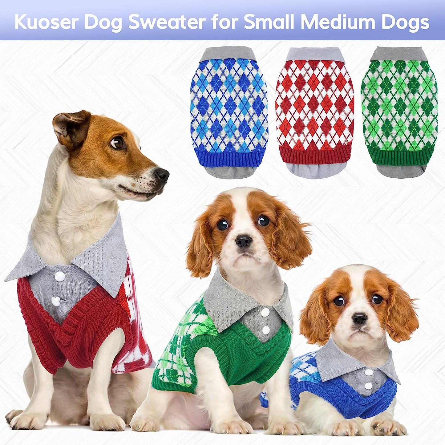 Kuoser Plaid Dog Sweater Warm Clothes, Patchwork Design Pet Dog Knitwear Classic Pullover Puppy Coat Cold Weather Sweatshirts with Leash Hole for Small Medium Cats Dogs (XS, Blue) Animals & Pet Supplies > Pet Supplies > Dog Supplies > Dog Apparel Kuoser   