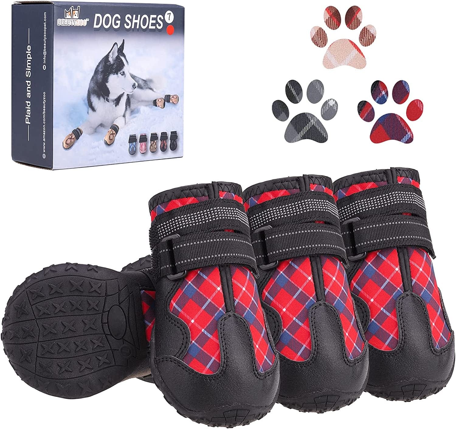 BEAUTYZOO Dog Boots Paw Protectors Shoes for Medium Large Dogs with Reflective Straps Anti-Slip Sole, Waterproof Dog Booties Outdoor 4PCS / Set Animals & Pet Supplies > Pet Supplies > Dog Supplies > Dog Apparel BEAUTYZOO Red Size 5: 2.4''x2.8''(W*L) (Pack of 4) 