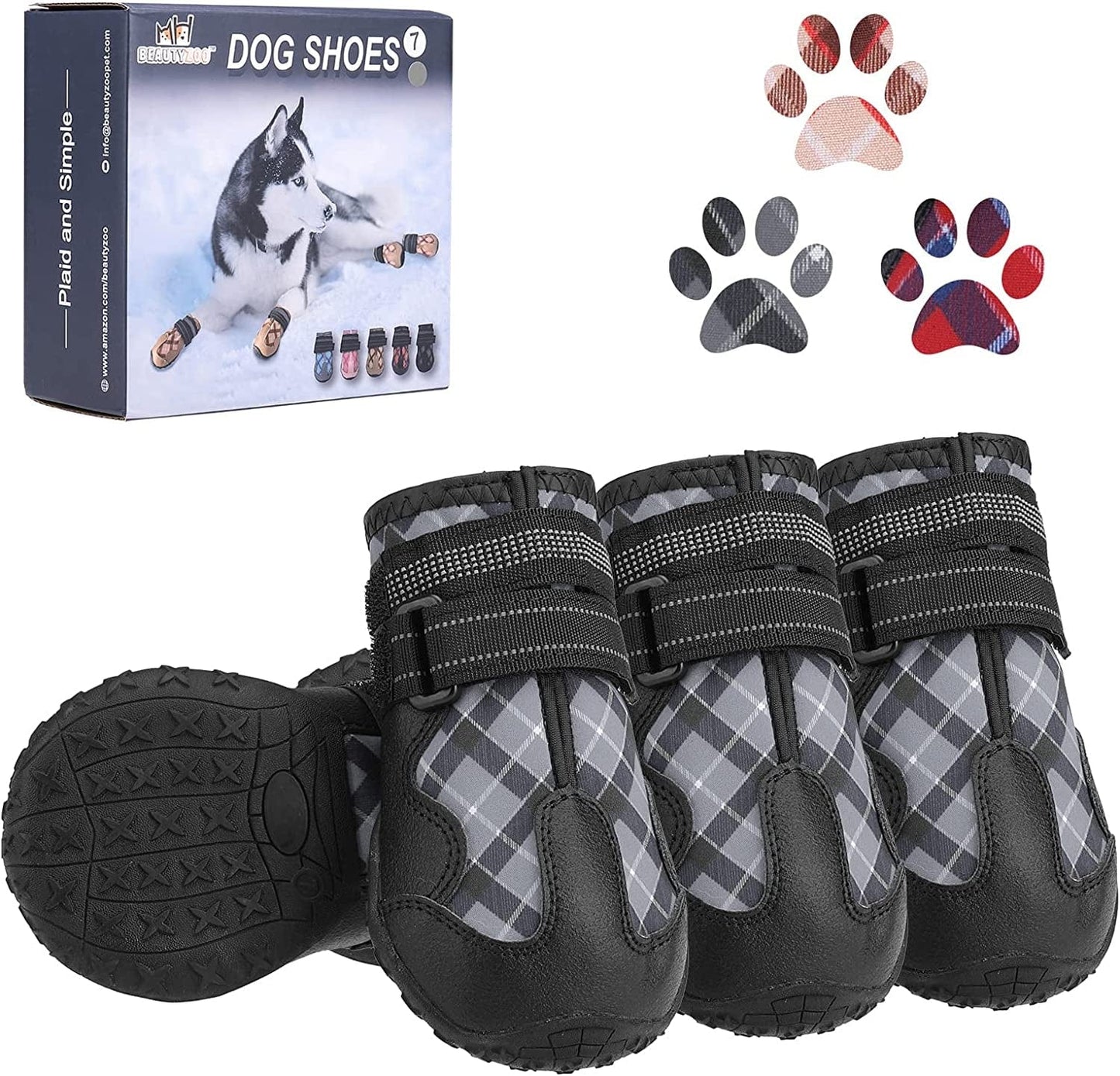 BEAUTYZOO Dog Boots Paw Protectors Shoes for Medium Large Dogs with Reflective Straps Anti-Slip Sole, Waterproof Dog Booties Outdoor 4PCS / Set Animals & Pet Supplies > Pet Supplies > Dog Supplies > Dog Apparel BEAUTYZOO Black Size 5: 2.4''x2.8''(W*L) (Pack of 4) 