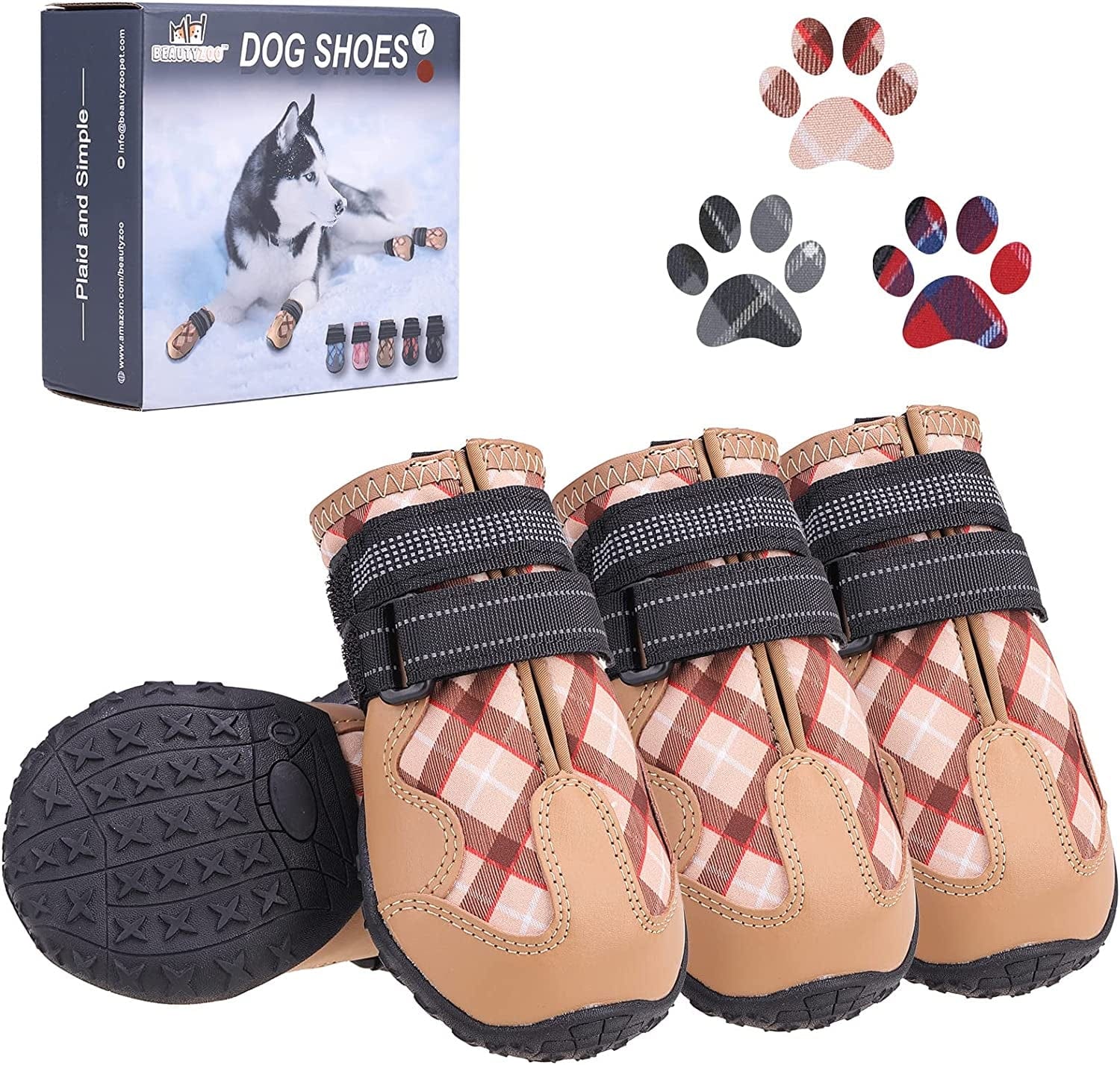 BEAUTYZOO Dog Boots Paw Protectors Shoes for Medium Large Dogs with Reflective Straps Anti-Slip Sole, Waterproof Dog Booties Outdoor 4PCS / Set Animals & Pet Supplies > Pet Supplies > Dog Supplies > Dog Apparel BEAUTYZOO Brown Size 5: 2.4''x2.8''(W*L) (Pack of 4) 