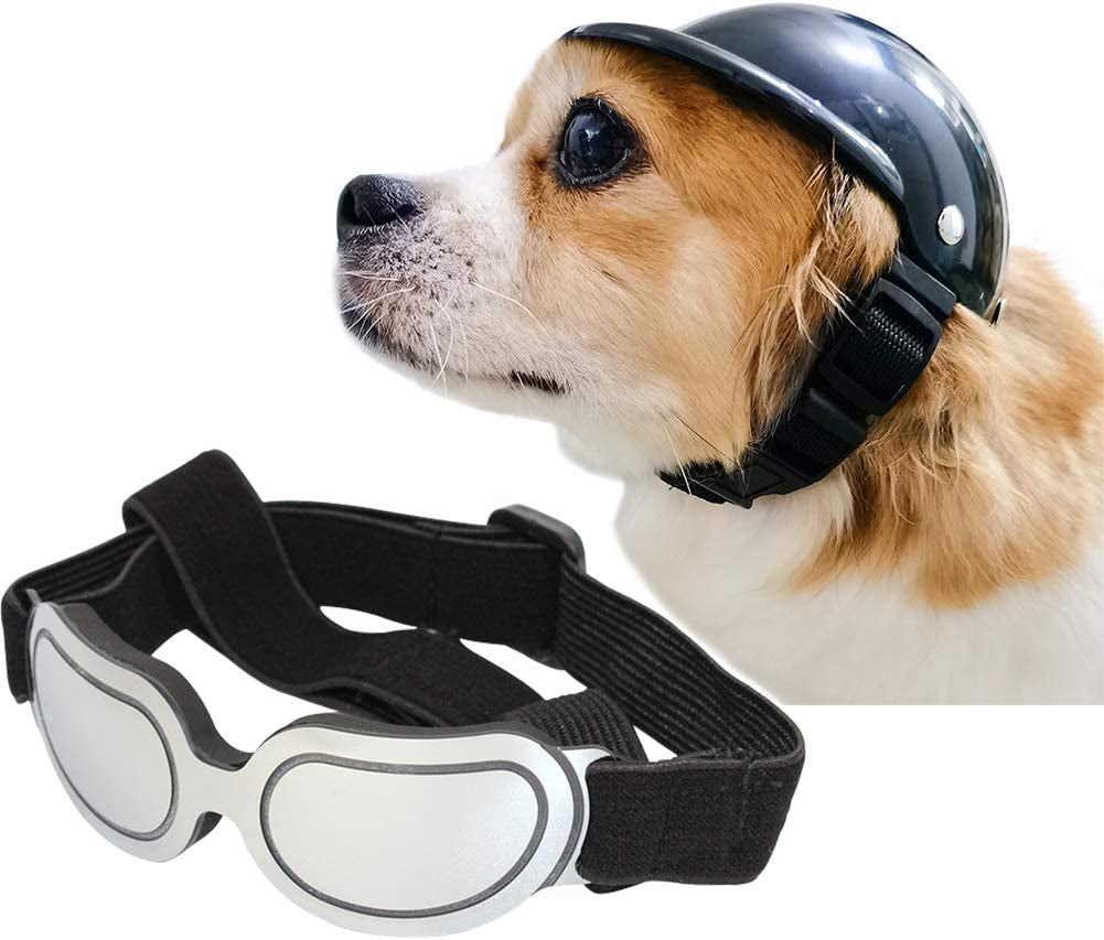 La La Pet® Pet Helmet with Dog Goggles Pet Doggie Cap Hat Dog Sunglasses Pet Eye Wear Cat UV Protection Sun Glasses for Puppy Dog Travel Skiing, Helmet S + Black Goggles Animals & Pet Supplies > Pet Supplies > Dog Supplies > Dog Apparel La La Pet Silvery Goggles Helmet M 