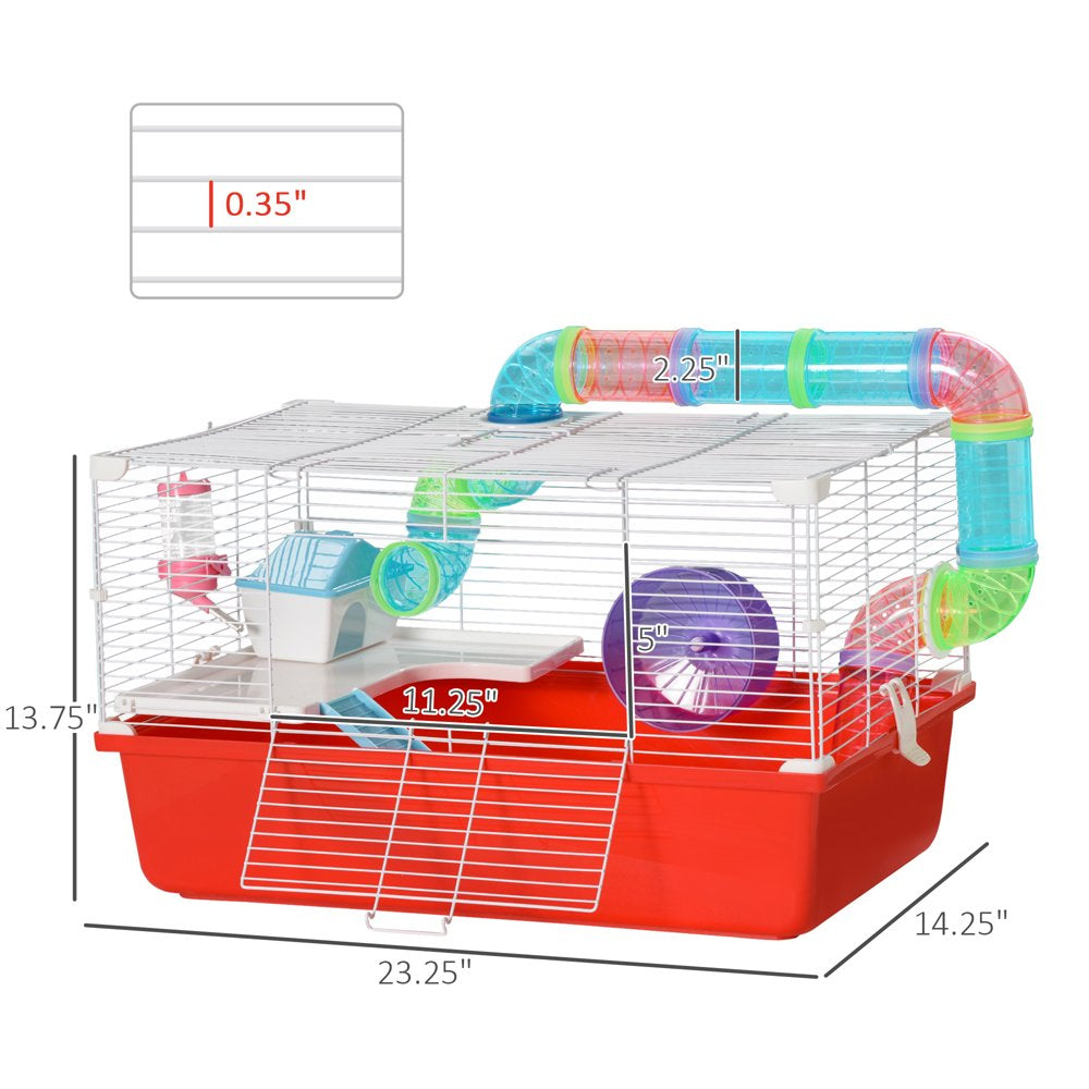 Pawhut Large Hamster Cage and Habitat, 2-Level Steel Rat Cage, Small Animal House, with Tube Tunnels, Exercise Wheel, Water Bottle, Food Dish, Hut, Ladder, Top Handle, 23" X 14" X 14", Red Animals & Pet Supplies > Pet Supplies > Small Animal Supplies > Small Animal Habitats & Cages Aosom LLC   