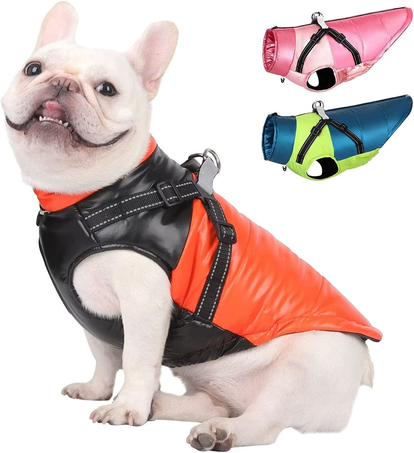 Beirui Waterproof Dog Winter Coat with Harness - Warm Zip up Puffer Vest Dog Jacket with Dual D Rings - Reflective Cold Weather Dog Clothes for Puppy Small Medium Dogs,Pink(Chest 18”) Animals & Pet Supplies > Pet Supplies > Dog Supplies > Dog Apparel Beirui Orange Chest: 21”, Back Length: 16 