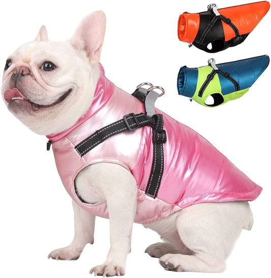 Beirui Waterproof Dog Winter Coat with Harness - Warm Zip up Puffer Vest Dog Jacket with Dual D Rings - Reflective Cold Weather Dog Clothes for Puppy Small Medium Dogs,Pink(Chest 18”)