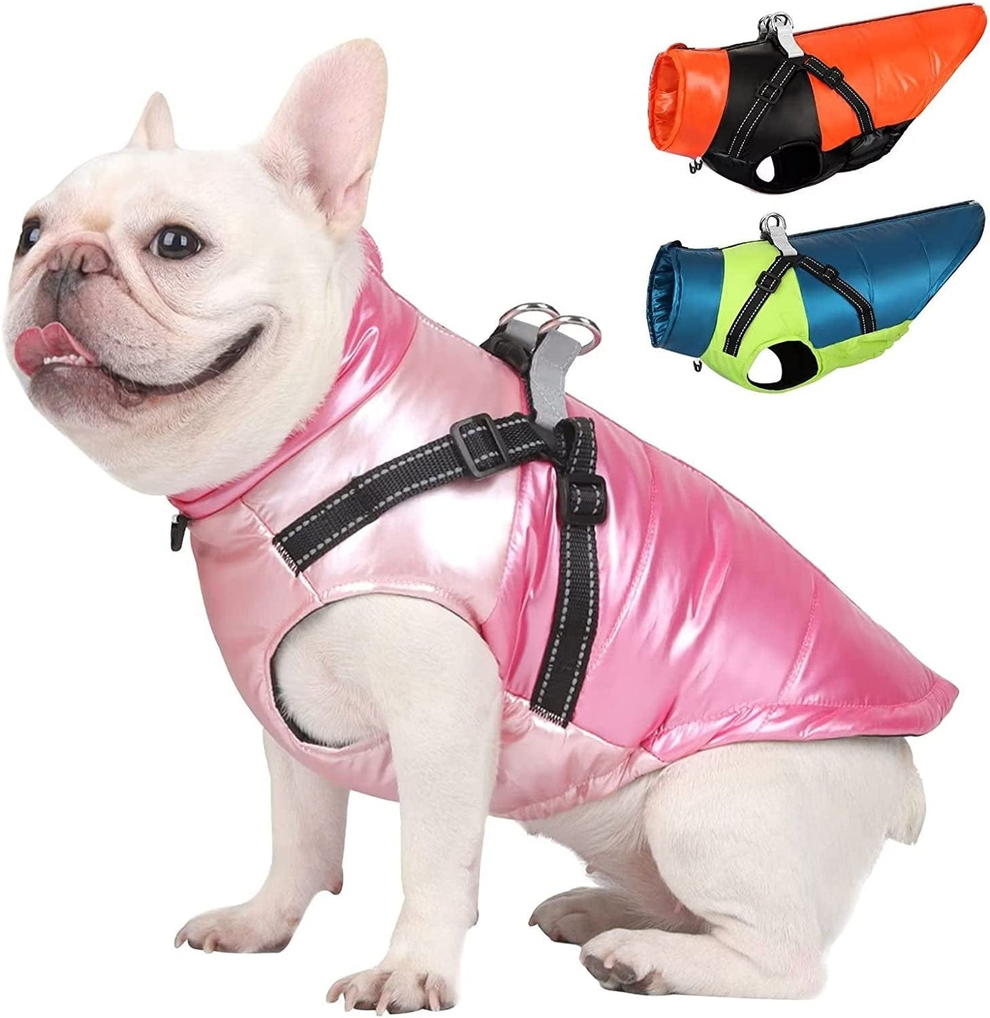 Beirui Waterproof Dog Winter Coat with Harness - Warm Zip up Puffer Vest Dog Jacket with Dual D Rings - Reflective Cold Weather Dog Clothes for Puppy Small Medium Dogs,Pink(Chest 18”) Animals & Pet Supplies > Pet Supplies > Dog Supplies > Dog Apparel Beirui Pink Chest: 21”, Back Length: 16 