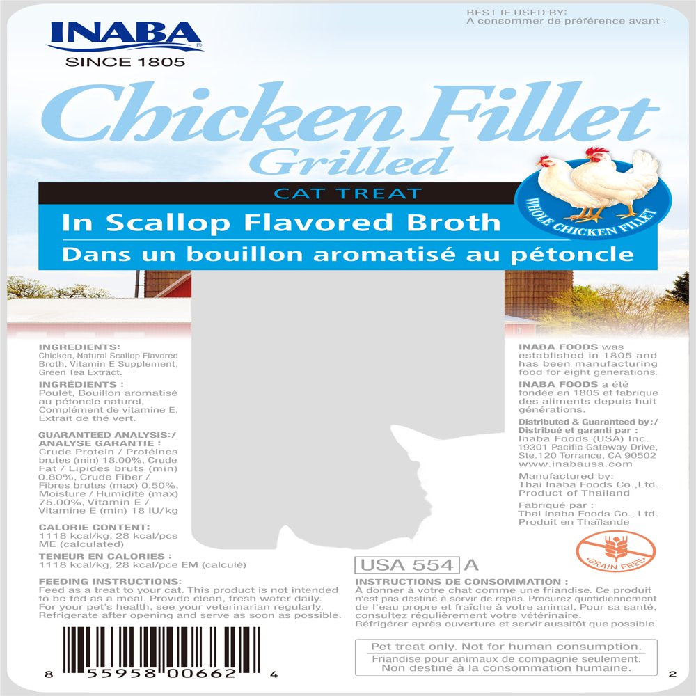 INABA Premium Hand-Cut Grilled Chicken Fillet Cat Treats W Vitamin E, 0.9 Oz, 6-Pack, Scallop Broth Animals & Pet Supplies > Pet Supplies > Cat Supplies > Cat Treats Inaba Foods (USA) Inc.   