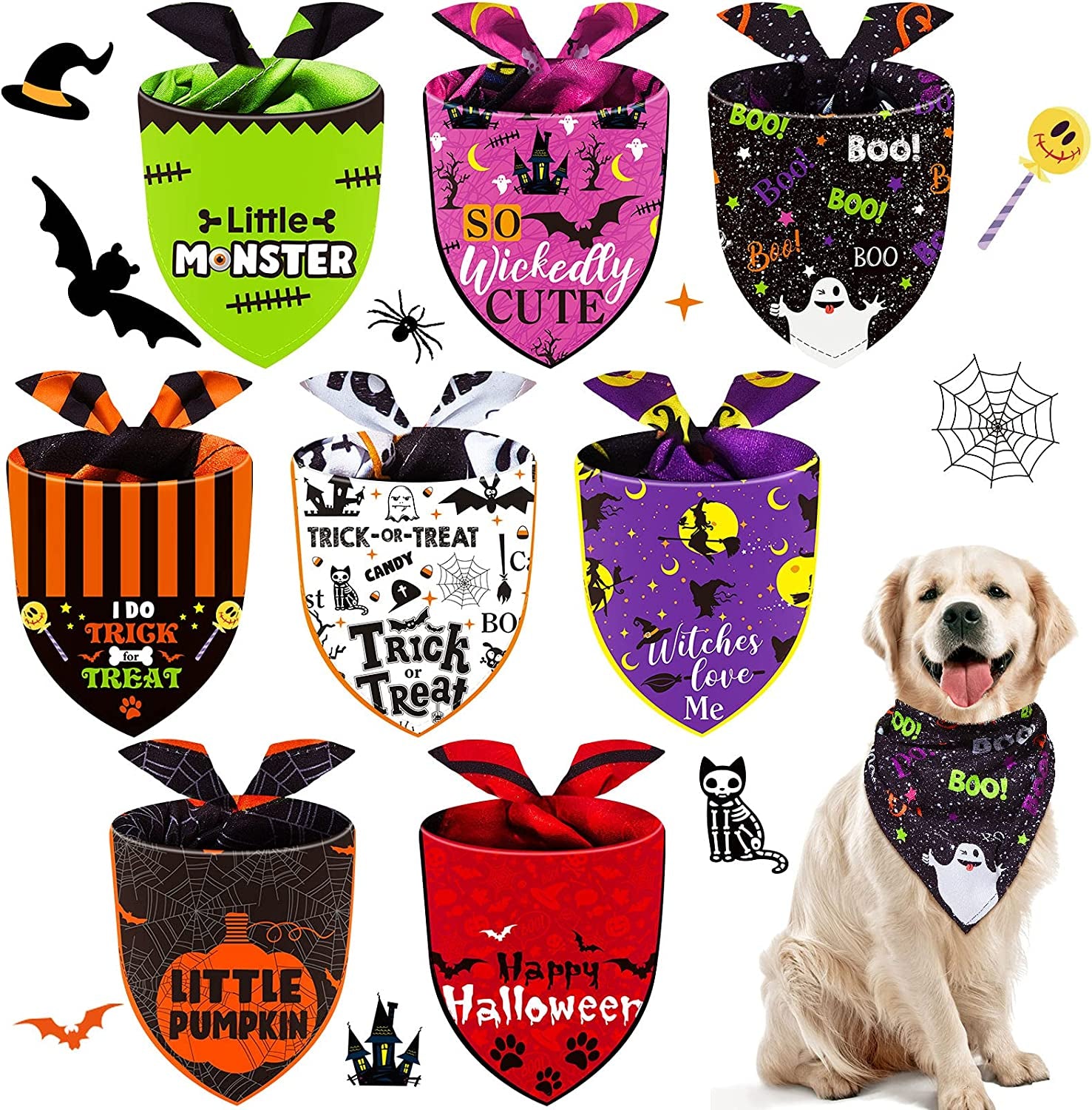 8 Pieces Halloween Dog Bandanas Pumpkin Bat Pet Scarf Dog Triangle Dog Scarf Adjustable Dog Bib Dog Scarf for Halloween Holiday Costume (Spider Style) Animals & Pet Supplies > Pet Supplies > Dog Supplies > Dog Apparel Weewooday Witch Style  