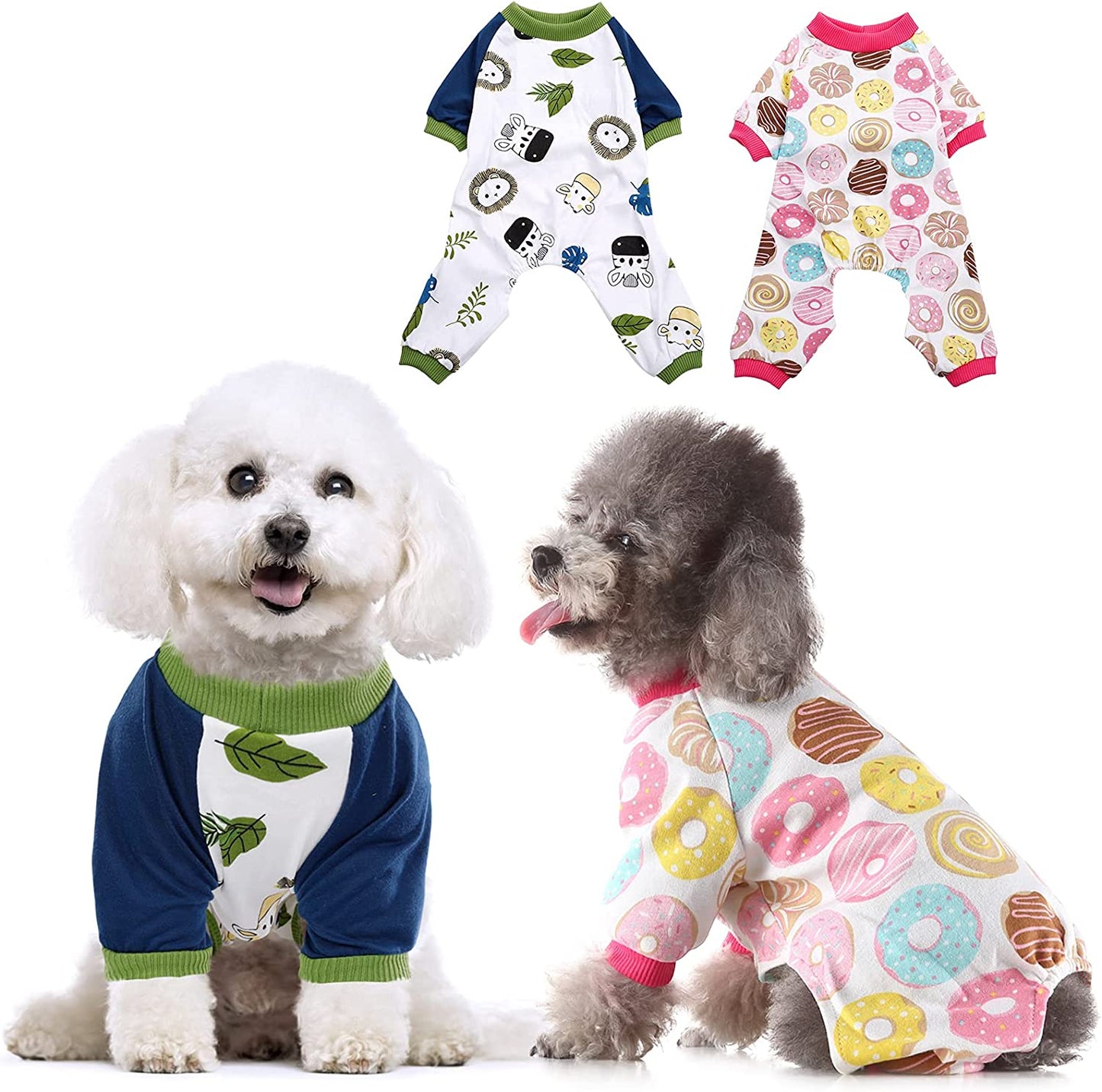 KOESON 2 Pack Cotton Dog Pajamas, Cozy Stretchy Cat Onesie Pet Jumpsuit Clothes with Cute Fruit/Animal Pattern, Soft Breathable Puppy Rompers Bodysuit Shirts for Small Medium Dogs Cats Animals & Pet Supplies > Pet Supplies > Dog Supplies > Dog Apparel KOESON Donut & Blue Lion Medium 