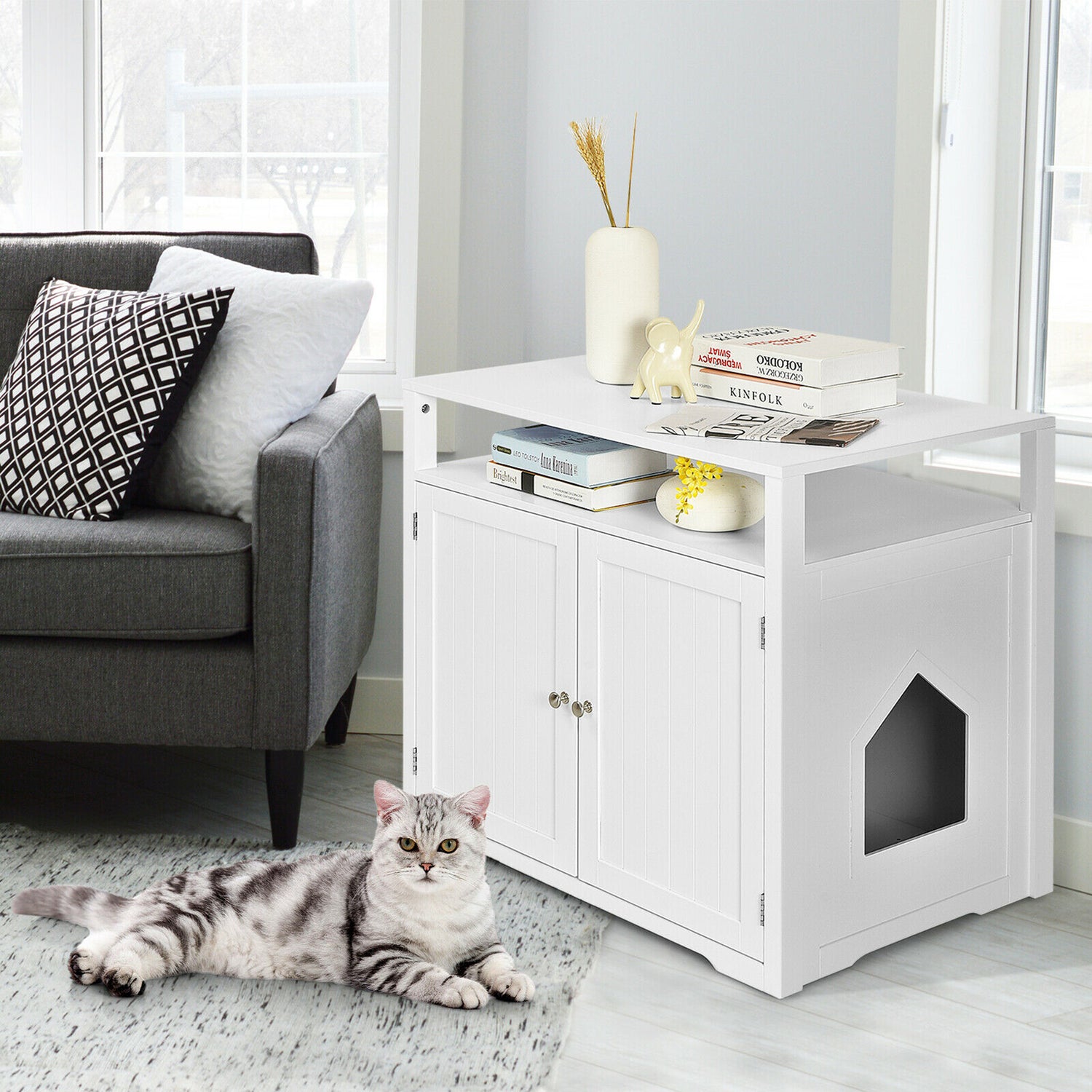 Gymax Wooden Cat Litter Box Enclosure Hidden Cat Washroom W/ Storage Layer White Animals & Pet Supplies > Pet Supplies > Cat Supplies > Cat Furniture Gymax   