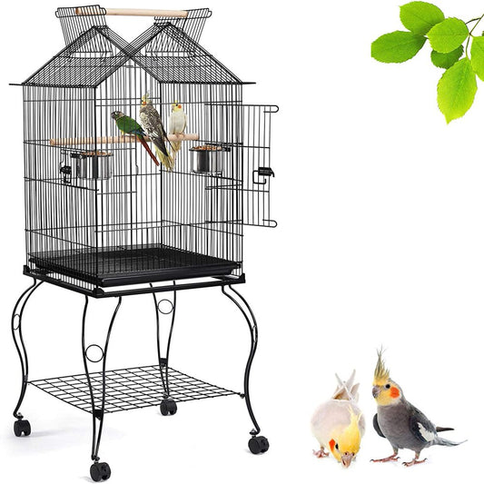 Hisevxus 57-Inch Rolling Open Top Roof Bird Cage for Mid-Sized Parrots Cockatiels Caique Quaker Monk Indian Ring Neck Green Cheek Conure Middle Bird Cage with Detachable Stand Animals & Pet Supplies > Pet Supplies > Bird Supplies > Bird Cages & Stands hisevxus   