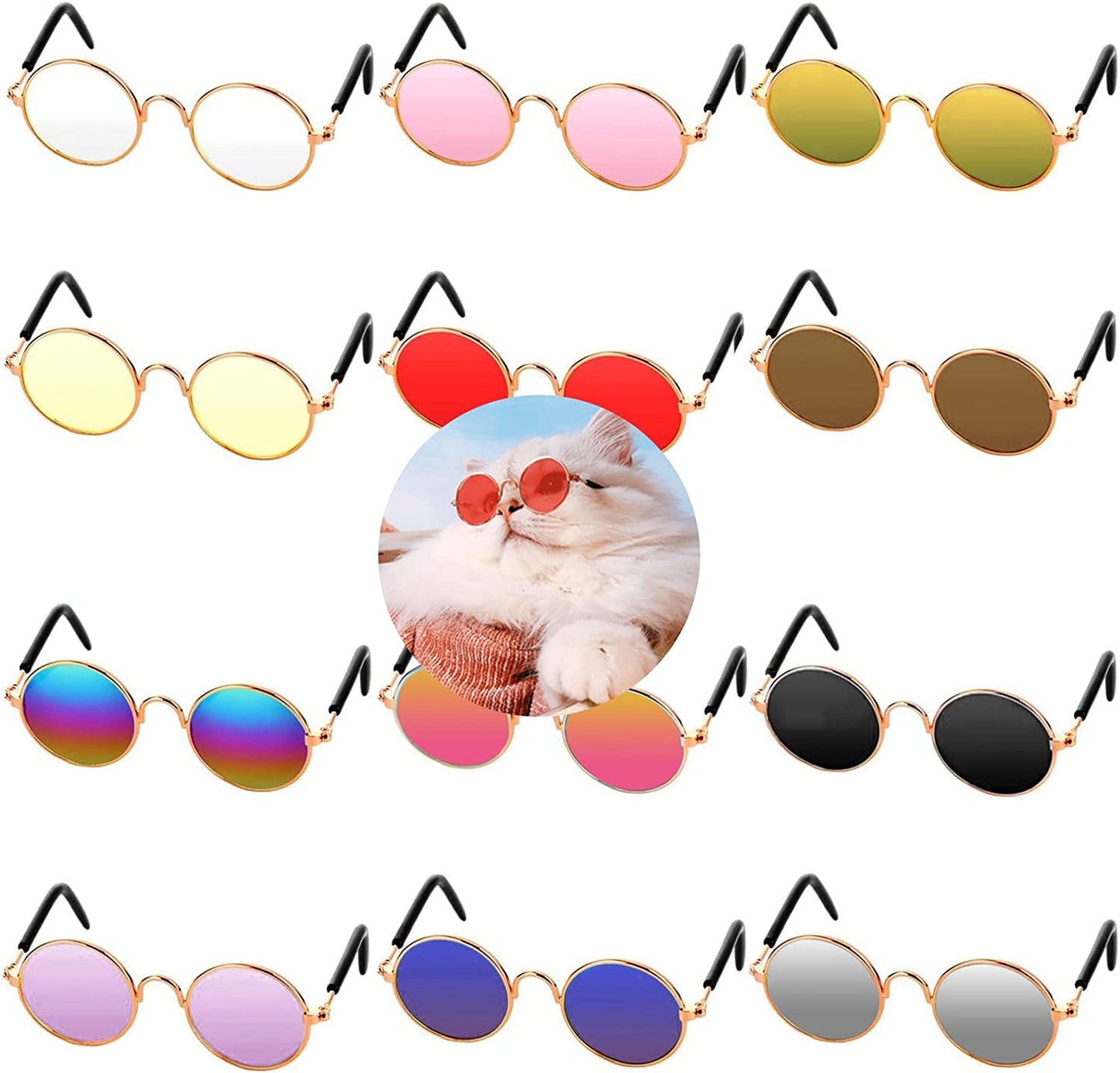 Pibupibu 12 Pieces Colorful Small Pet Cat Dog Sunglasses, round Metal Retro Party Favors Dog Glasses Cute Funny Cosplay Toys Costume Photos Props Animals & Pet Supplies > Pet Supplies > Dog Supplies > Dog Apparel HO ME Fashion Jewelry CO., LTD Small Pet  