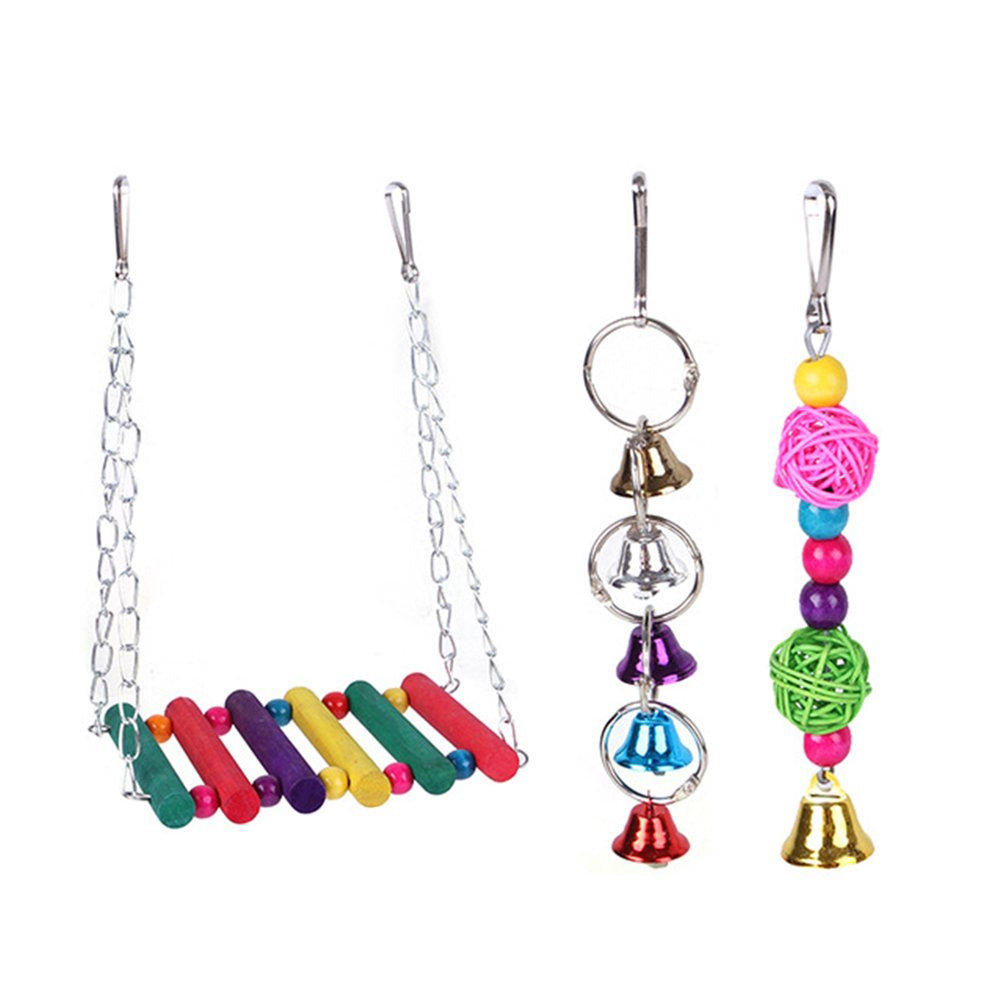 Dasbsug Bird Toys 10 Pieces Set Including Swing Ladder Rope Perch Bell Ball Chew Toys for Cage Colorful Decor Easy to Install