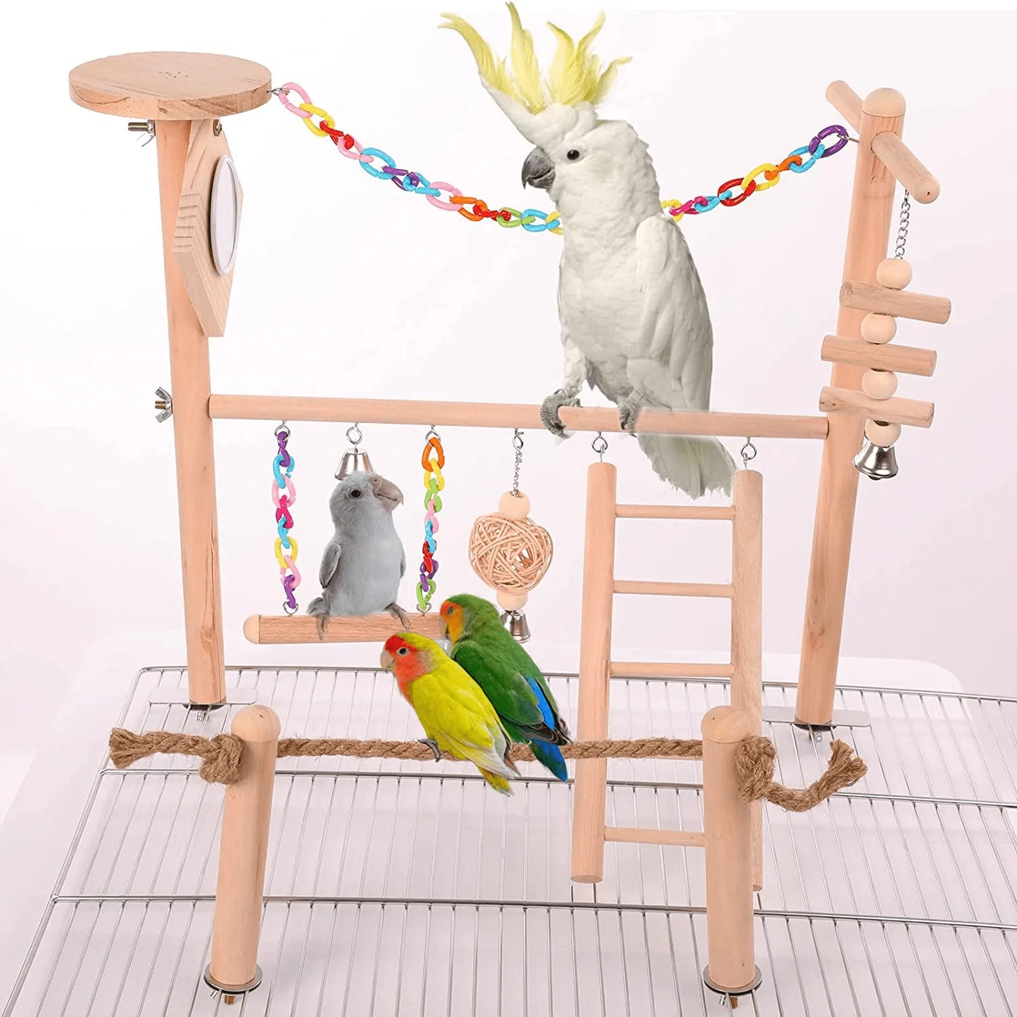 Bird Cage Play Stand Toy Set, Bird Playground Gym Hanging Chewing Toys Ladder Swing Accessories for Conure, Parakeets, Budgie, Cockatiels, Lovebirds, Parrot Wood Perch Cage Toys Animals & Pet Supplies > Pet Supplies > Bird Supplies > Bird Gyms & Playstands Adnikia   