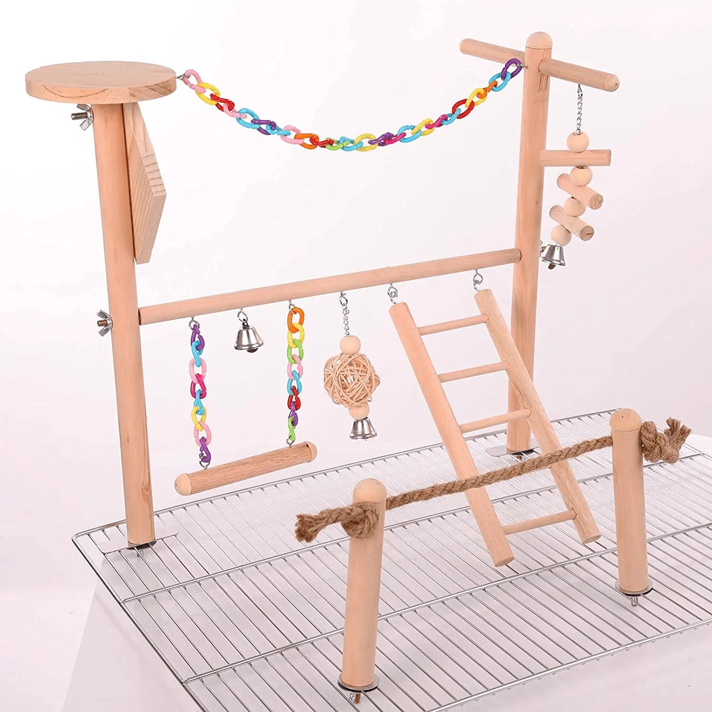 Bird Cage Play Stand Toy Set, Bird Playground Gym Hanging Chewing Toys Ladder Swing Accessories for Conure, Parakeets, Budgie, Cockatiels, Lovebirds, Parrot Wood Perch Cage Toys Animals & Pet Supplies > Pet Supplies > Bird Supplies > Bird Gyms & Playstands Adnikia   