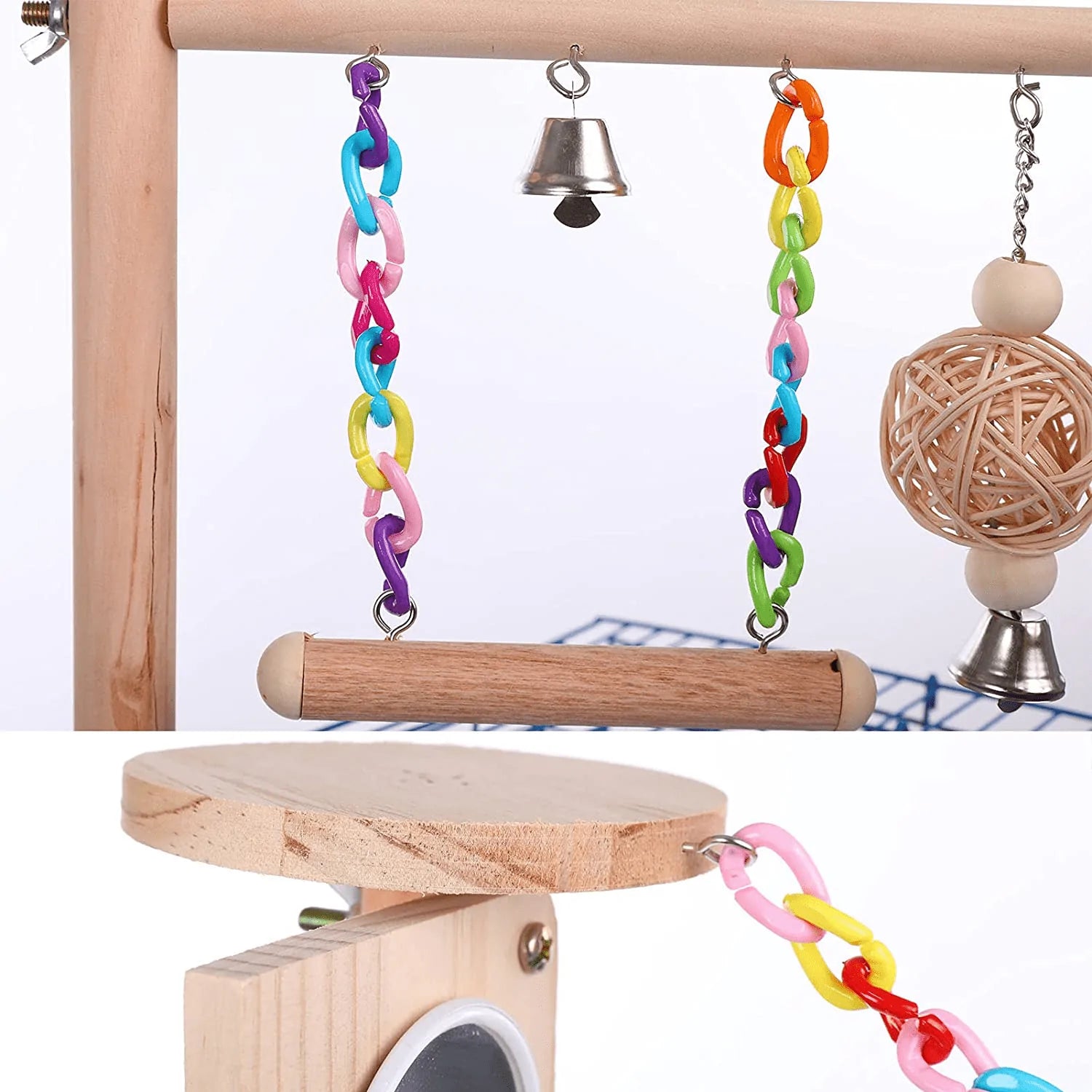 Bird Cage Play Stand Toy Set, Bird Playground Gym Hanging Chewing Toys Ladder Swing Accessories for Conure, Parakeets, Budgie, Cockatiels, Lovebirds, Parrot Wood Perch Cage Toys Animals & Pet Supplies > Pet Supplies > Bird Supplies > Bird Gyms & Playstands Adnikia   