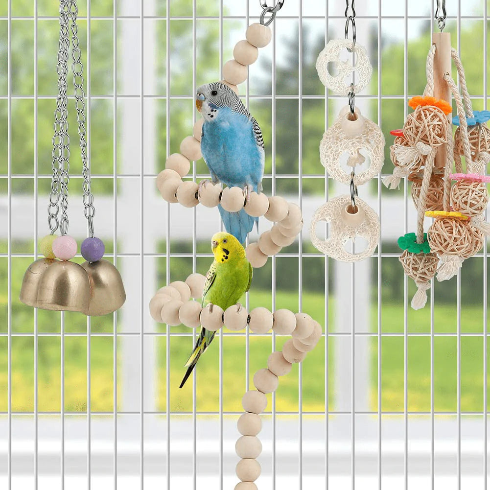 Bird Toy Parakeet Toy Perch Bird Cage Hammock Coconut Hideaway with Ladder Hanging Bell Swing Chewing Toy Hanging Toy for Parakeet,Conure,Cockatiel,Love Birds,Parrots (8 Pcs(With Mirror and Perch)) Animals & Pet Supplies > Pet Supplies > Bird Supplies > Bird Cage Accessories lovyoCoCo   