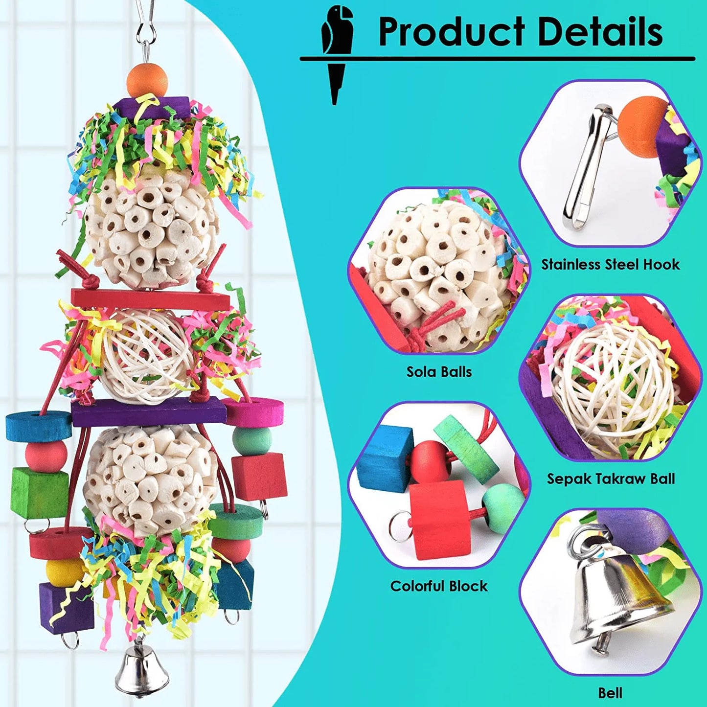 Bissap Conure Toys, Bird Parrot Foraging Shredder Hanging Toys Sola Balls Sepak Takraw with Bell for Small Parrots Parakeets Conures Cockatiels Love Birds Cage Toy Animals & Pet Supplies > Pet Supplies > Bird Supplies > Bird Toys Bissap   