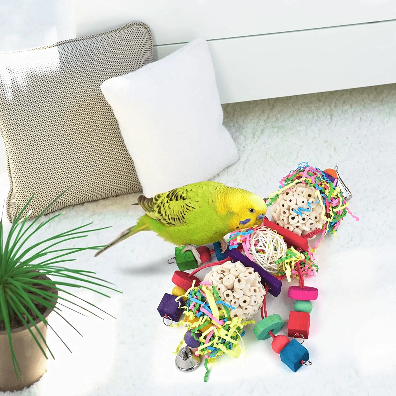 Bissap Conure Toys, Bird Parrot Foraging Shredder Hanging Toys Sola Balls Sepak Takraw with Bell for Small Parrots Parakeets Conures Cockatiels Love Birds Cage Toy