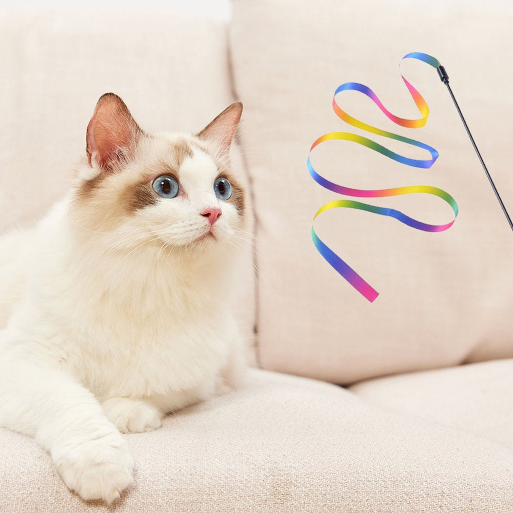Feelers Interactive Cat Rainbow Wand Toys, Interactive Cat Teaser Wand String, Colorful Ribbon Charmer for Kittens, 2Pcs(60Cm)