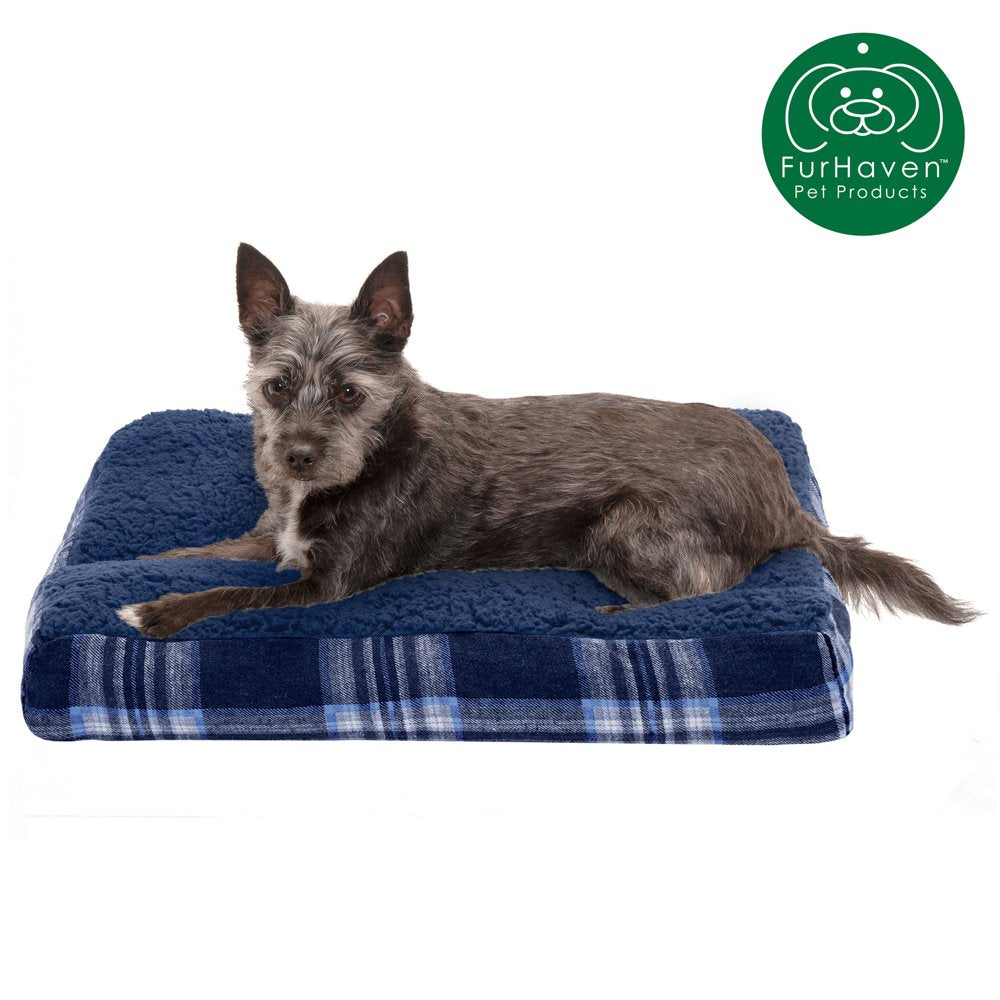 Furhaven Pet Dog Bed | Deluxe Faux Sheepskin & Plaid Pillow Pet Bed for Dogs & Cats, Java Brown, Small Animals & Pet Supplies > Pet Supplies > Cat Supplies > Cat Beds FurHaven Pet S Midnight Blue 