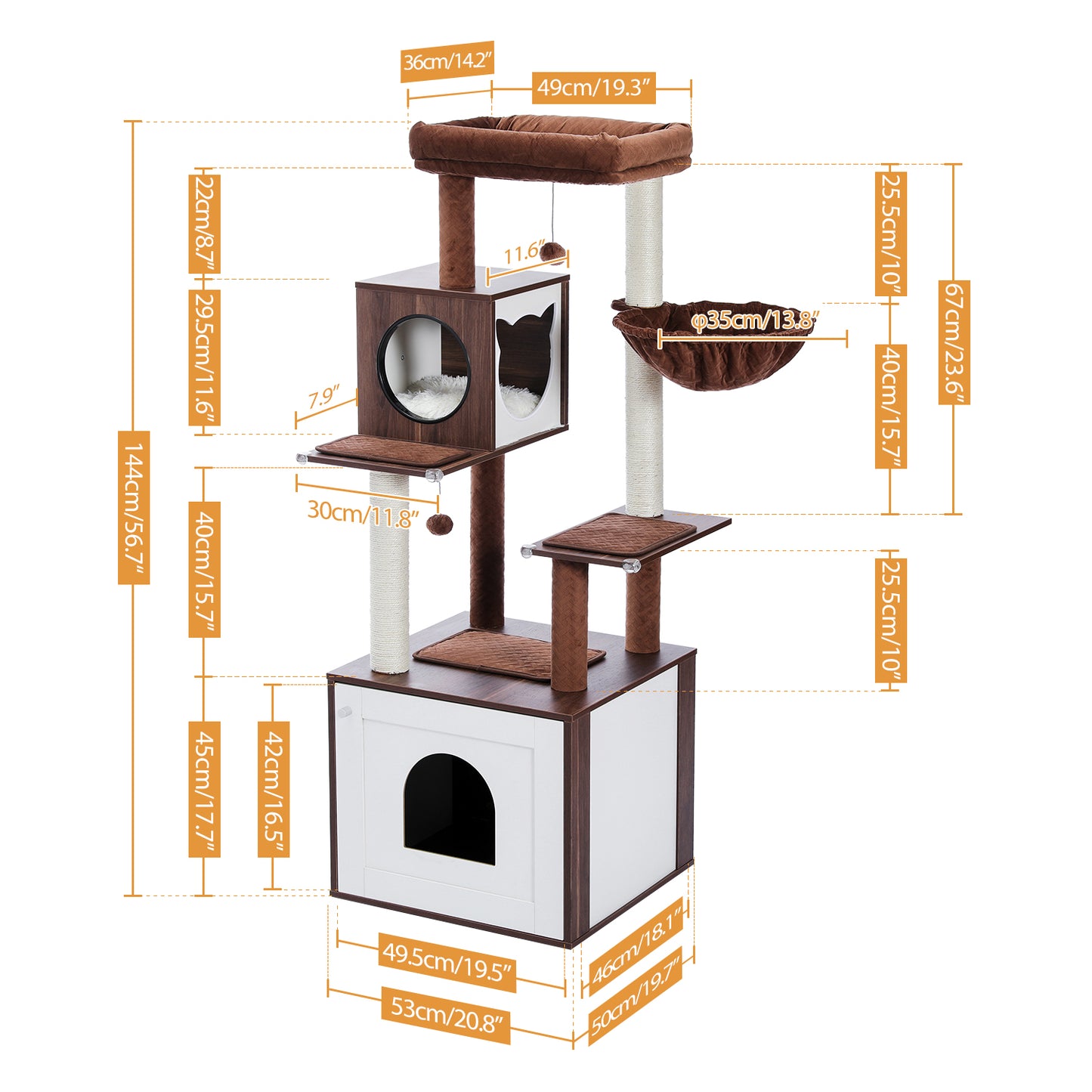 PAWZ Road 56" Wooden Cat Tree Tower with Large Storage Box for Indoor Cats,Brown