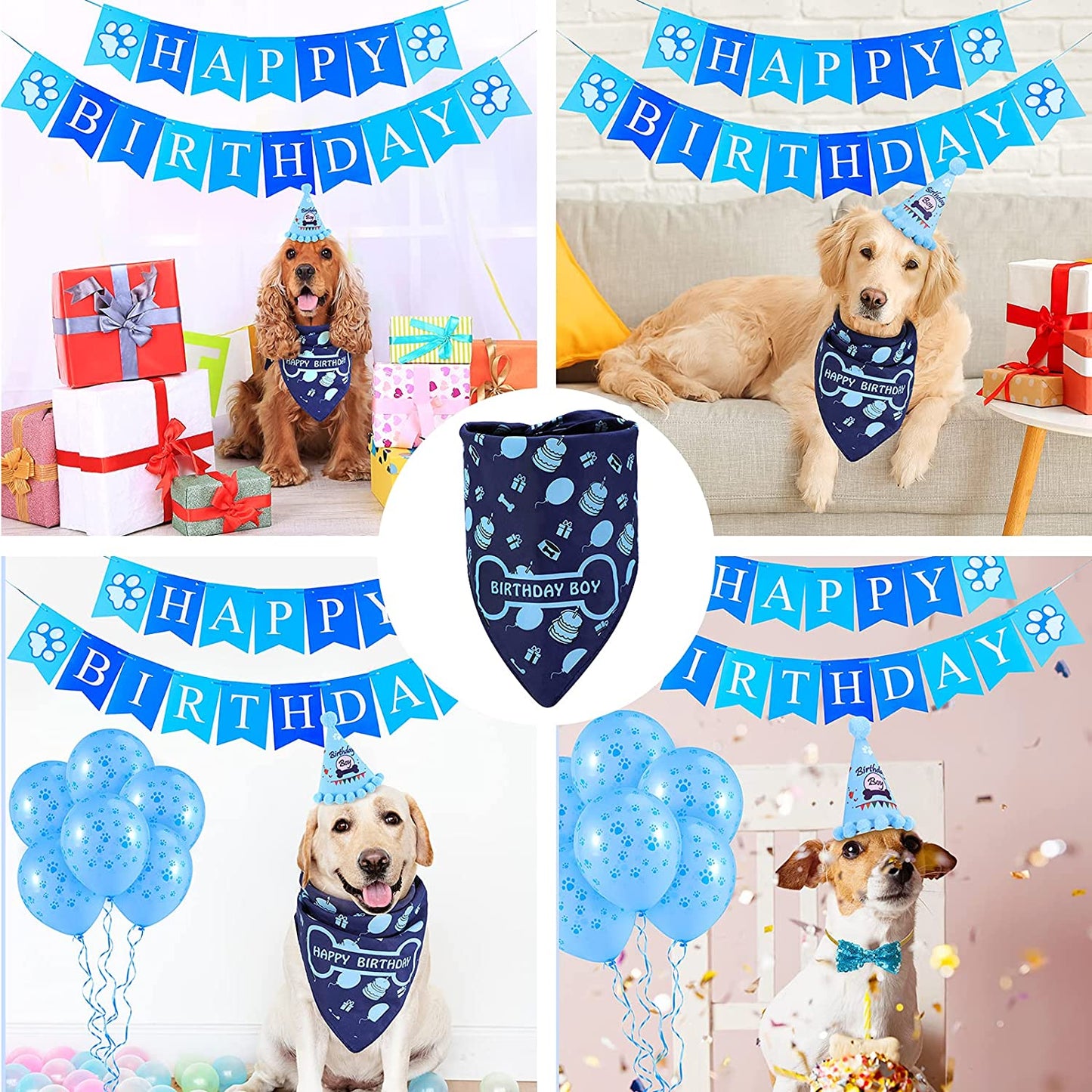 LIGNEST 16 PCS Dog Birthday Party Supplies Set - Dog Birthday Bandana Set with Dog Birthday Hat, Scarf, Flag, Balloons, and Cute Puppy Bow Tie for Small, Medium & Large Dogs (Blue (Boy)) Animals & Pet Supplies > Pet Supplies > Dog Supplies > Dog Apparel LIGNEST   