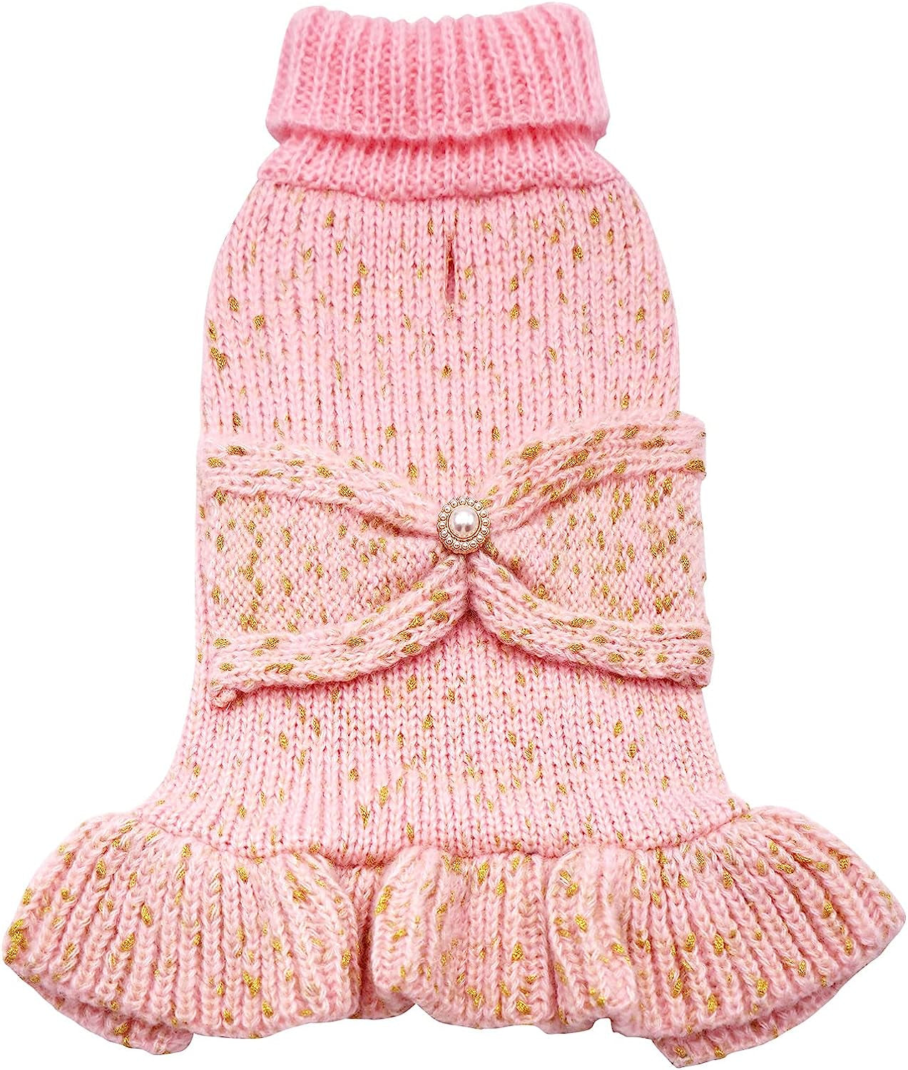 KYEESE Dog Sweater Dress with Golden Thread Turtleneck Dog Knitwear with Bowtie for Small Dogs Dog Coat Fall Winter, Beige,M Animals & Pet Supplies > Pet Supplies > Dog Supplies > Dog Apparel kyeese 1#Golden Thread (Pink) X-Large (19-27lbs) 