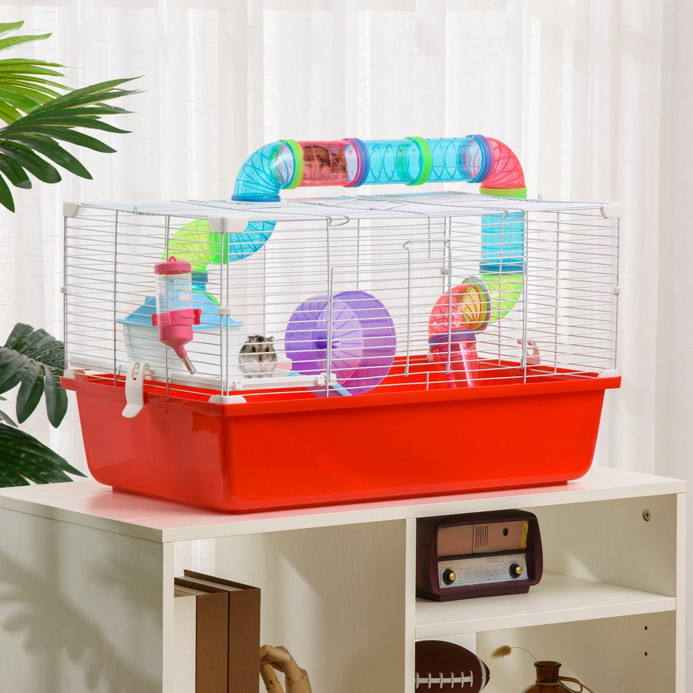 Pawhut Large Hamster Cage and Habitat, 2-Level Steel Rat Cage, Small Animal House, with Tube Tunnels, Exercise Wheel, Water Bottle, Food Dish, Hut, Ladder, Top Handle, 23" X 14" X 14", Red Animals & Pet Supplies > Pet Supplies > Small Animal Supplies > Small Animal Habitats & Cages Aosom LLC   