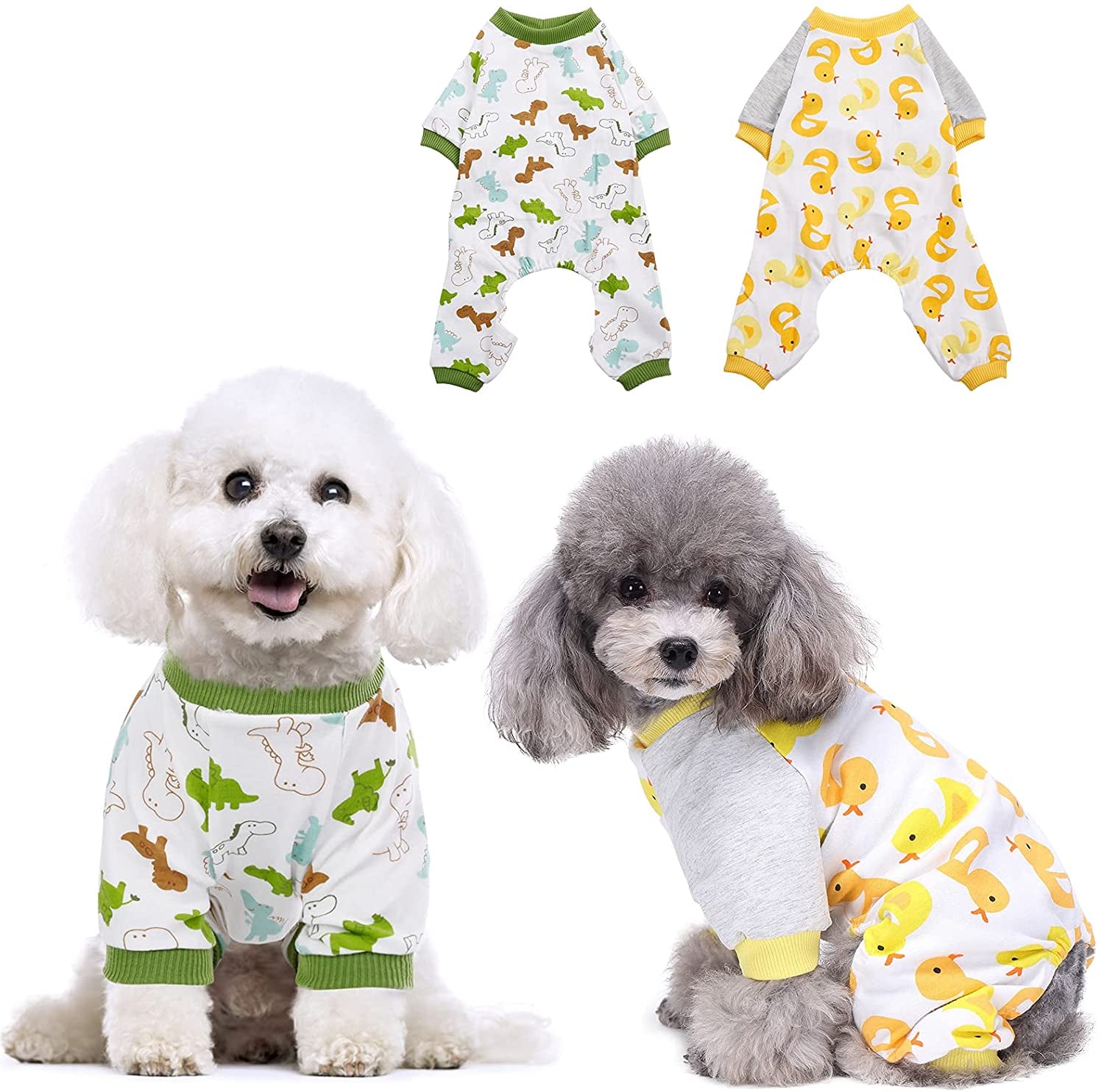 KOESON 2 Pack Cotton Dog Pajamas, Cozy Stretchy Cat Onesie Pet Jumpsuit Clothes with Cute Fruit/Animal Pattern, Soft Breathable Puppy Rompers Bodysuit Shirts for Small Medium Dogs Cats Animals & Pet Supplies > Pet Supplies > Dog Supplies > Dog Apparel KOESON Duck & Dinosaur X-Large 