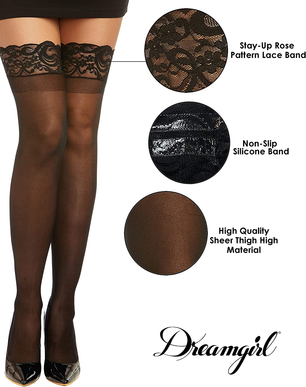 Dreamgirl Black Lace Top Silicone Sheer Hold Ups In Stock At UK Tights