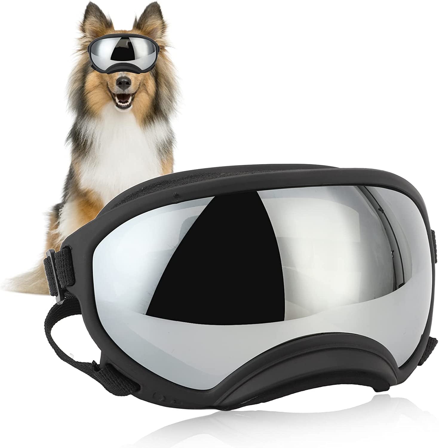 Teamsky Dog Sunglasses Dog Goggles, UV Protection Wind Protection Dust Protection Pet Glasses Eye Wear Protection with Adjustable Strap, for Dog Animals & Pet Supplies > Pet Supplies > Dog Supplies > Dog Apparel Teamsky BLACK FRAME SILVER  