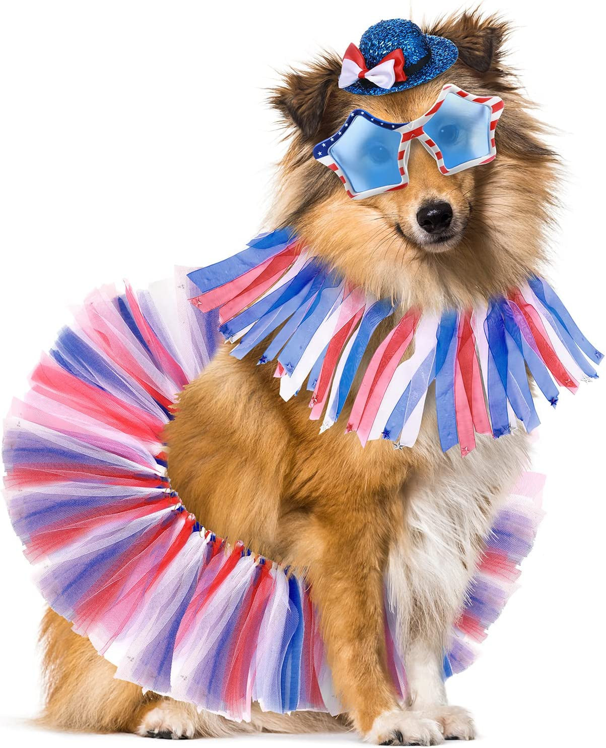 4 Pcs Labor Day Pet Costume Independence Day Dog Costume Accessories, Red Blue and White Tutu Skirt Fancy Collar American Flag Dog Sunglasses Bowtie Hat for Dogs Kitty Patriotic Party Animals & Pet Supplies > Pet Supplies > Dog Supplies > Dog Apparel Tallew   