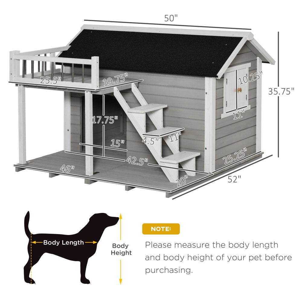 Pawhut Wooden Outdoor Dog House, 2-Tier Raised Pet Shelter, with Stairs, Weather Resistant Roof, and Balcony, for Medium, Large Sized Dogs up to 55 Lbs